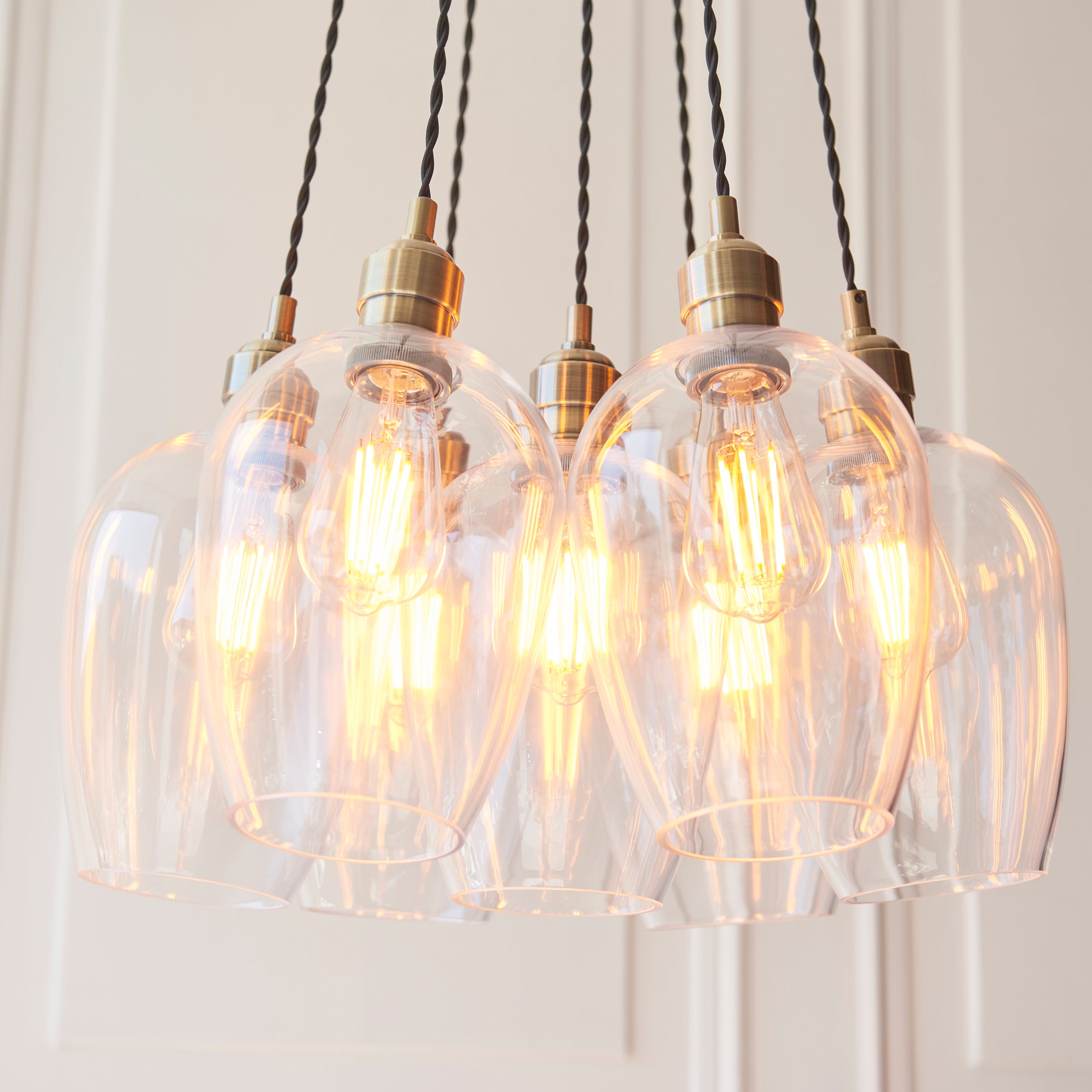 Utopia Finesse 7 Light Cluster Ceiling Pendant - Antique Brass & Clear Glass