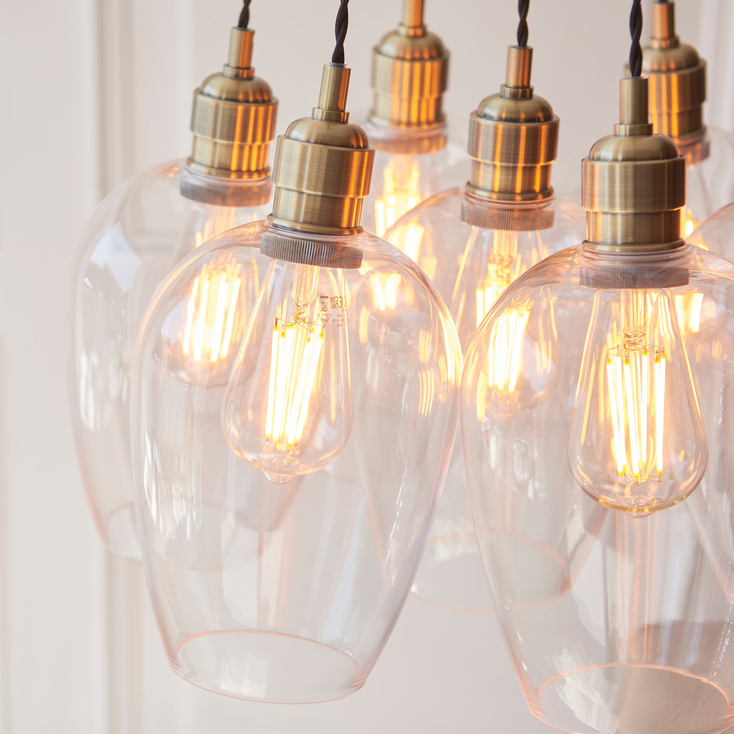 Utopia Finesse 7 Light Cluster Ceiling Pendant - Antique Brass & Clear Glass