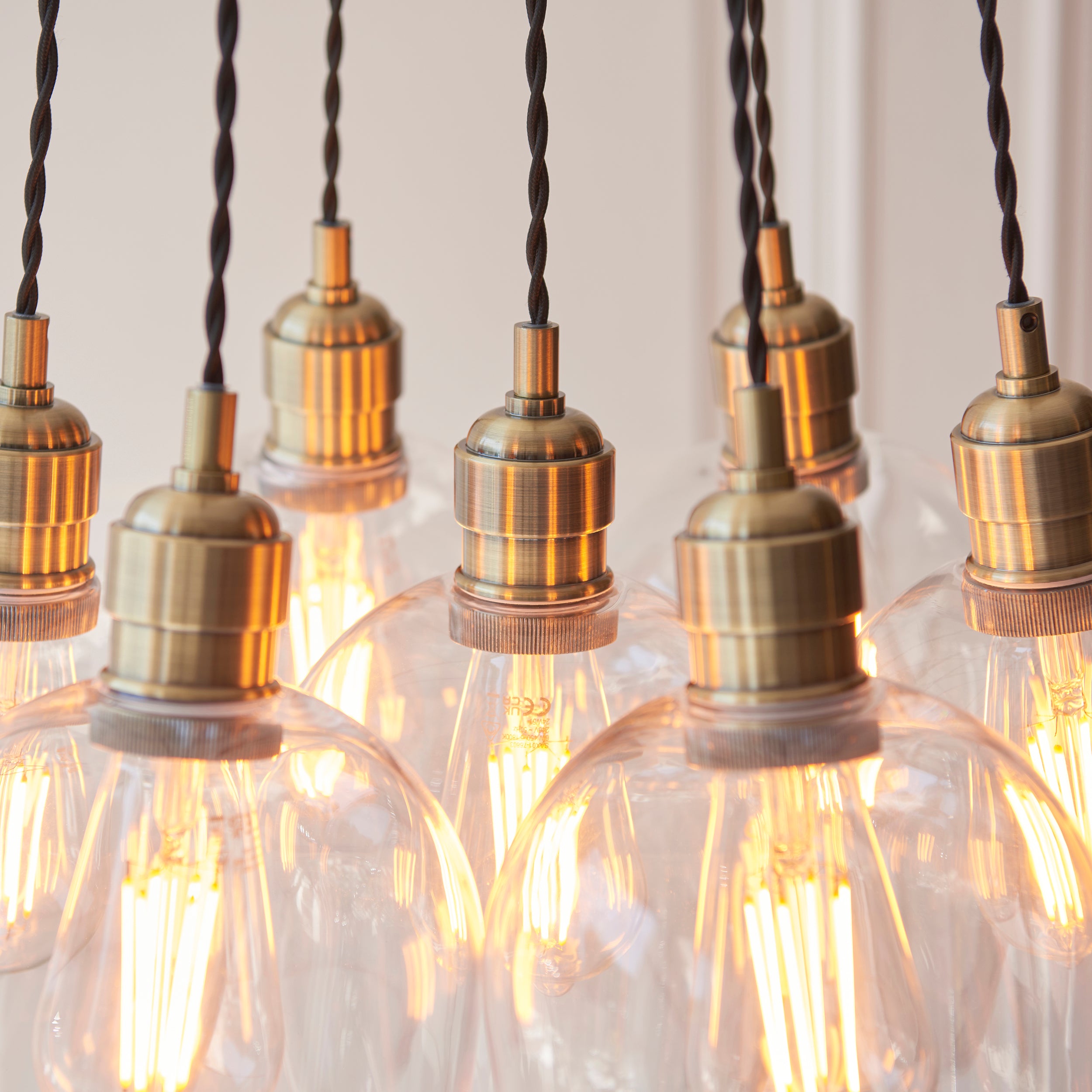 Utopia Finesse 7 Light Cluster Ceiling Pendant - Antique Brass & Clear Glass