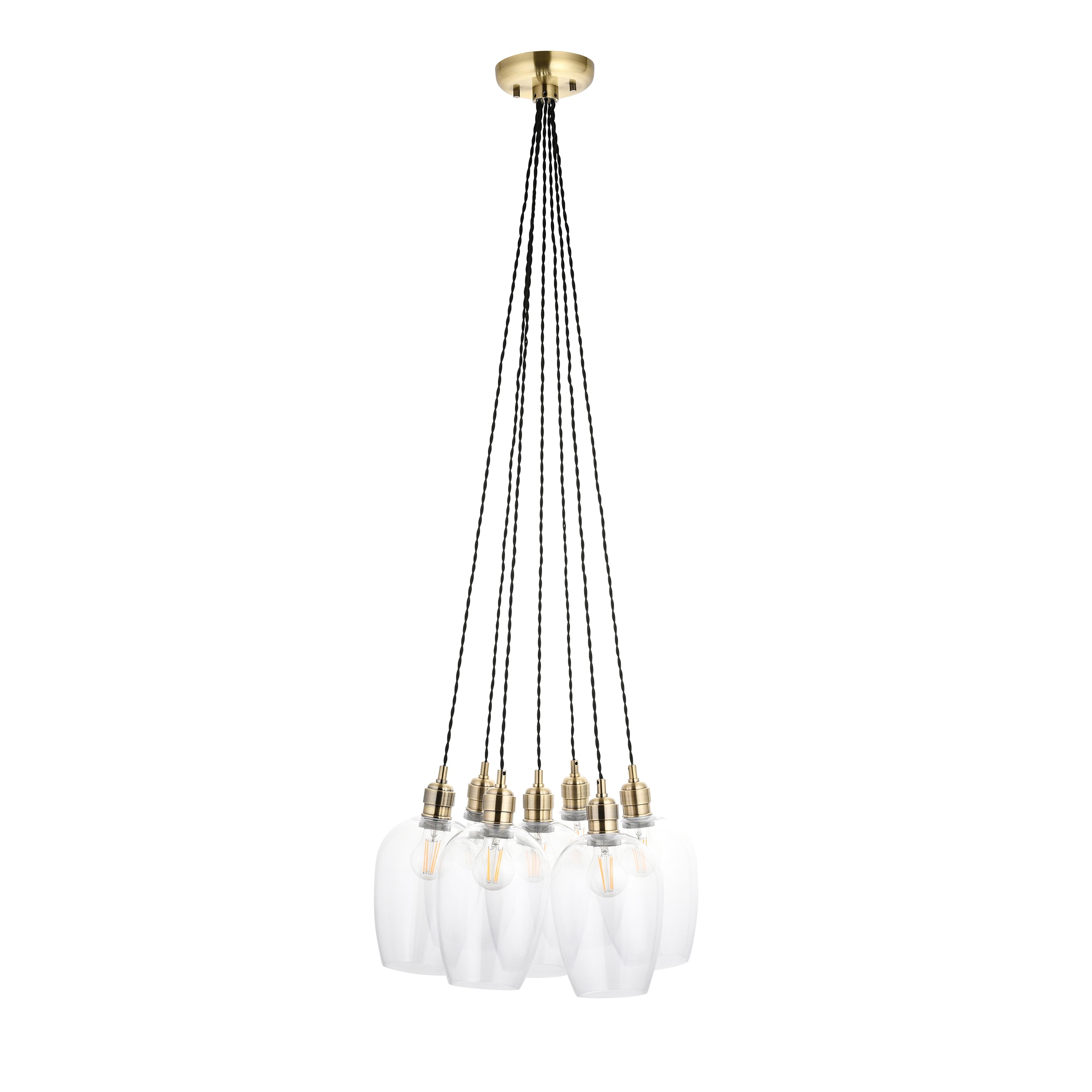 Utopia Finesse 7 Light Cluster Ceiling Pendant - Antique Brass & Clear Glass