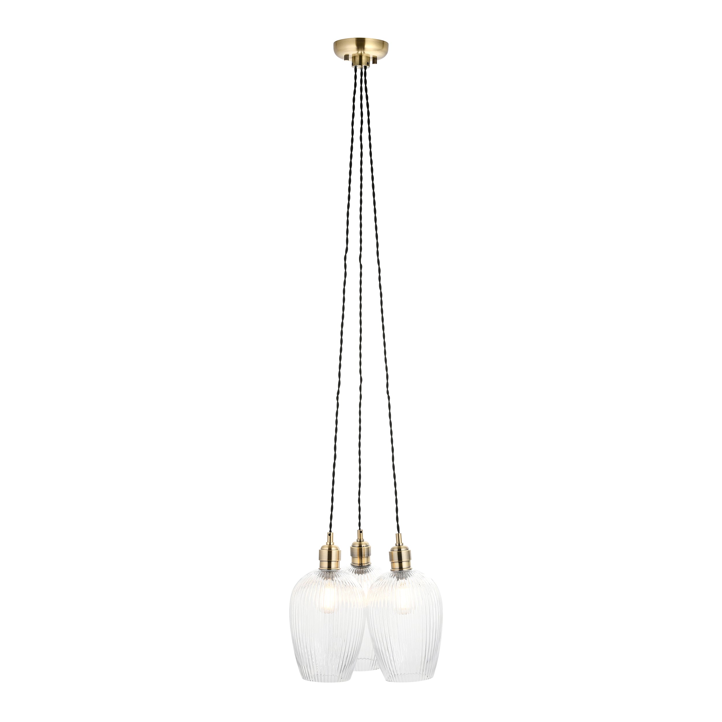 Utopia Finesse 3 Light Cluster Ceiling Pendant - Antique Brass & Clear Ribbed Glass