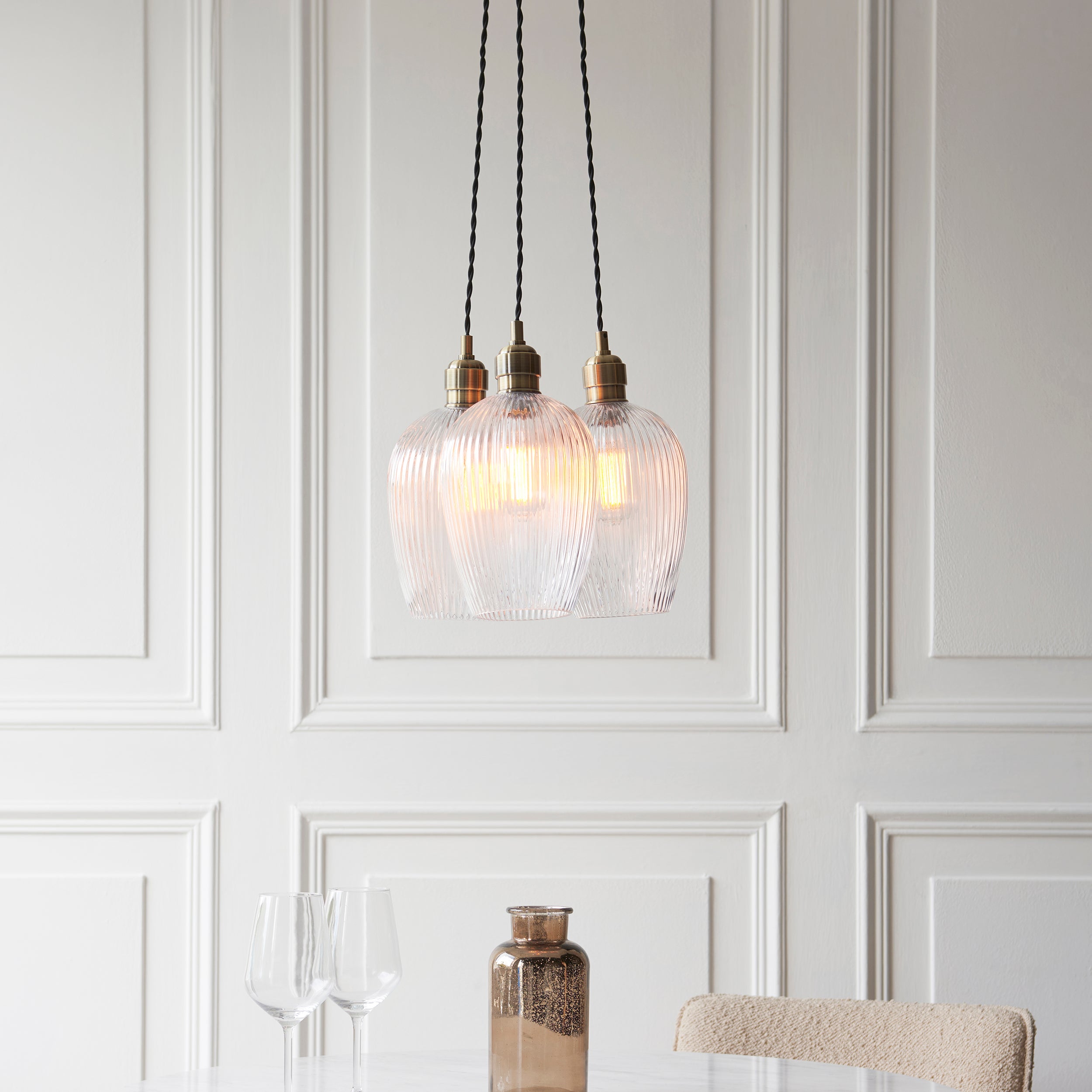 Utopia Finesse 3 Light Cluster Ceiling Pendant - Antique Brass & Clear Ribbed Glass