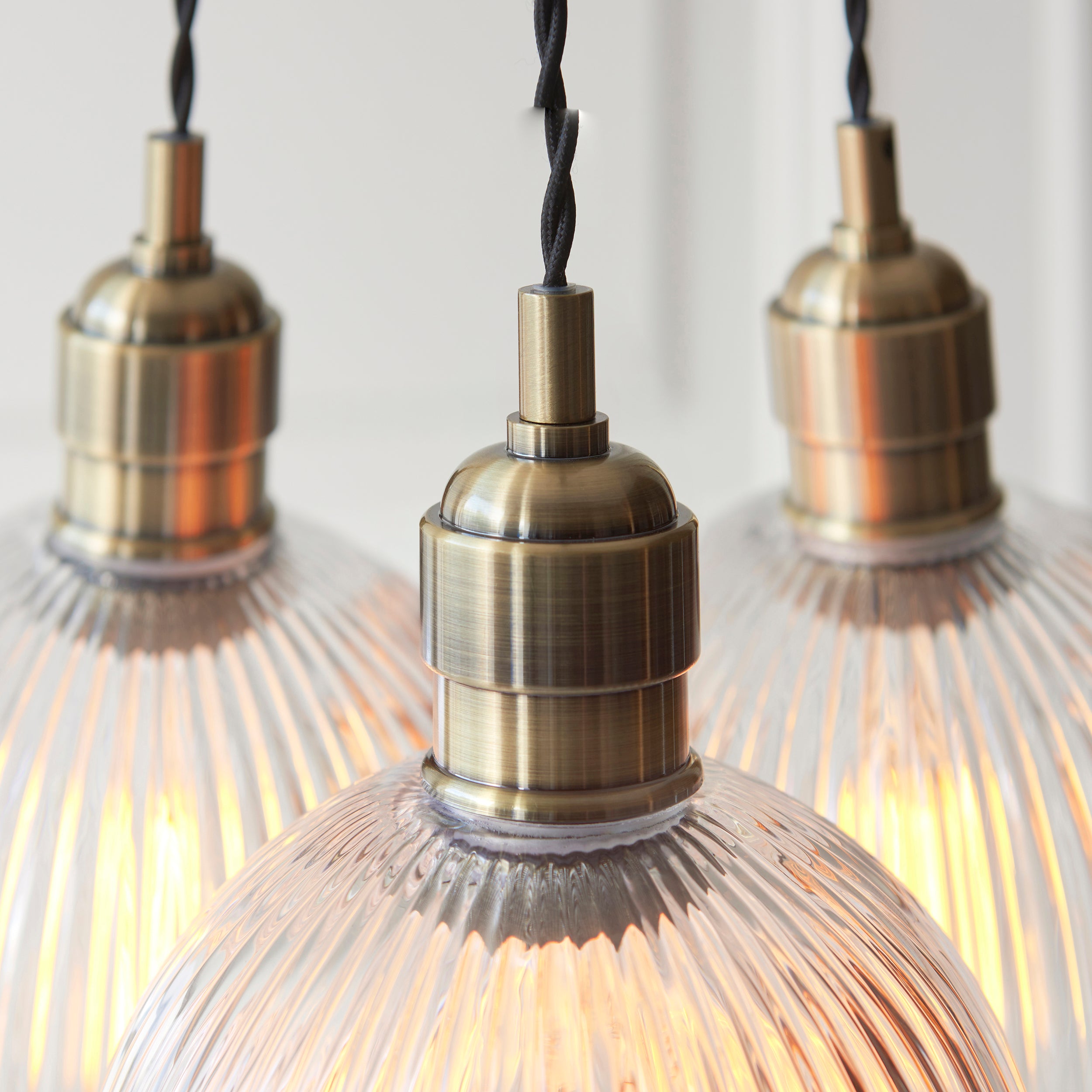 Utopia Finesse 3 Light Cluster Ceiling Pendant - Antique Brass & Clear Ribbed Glass