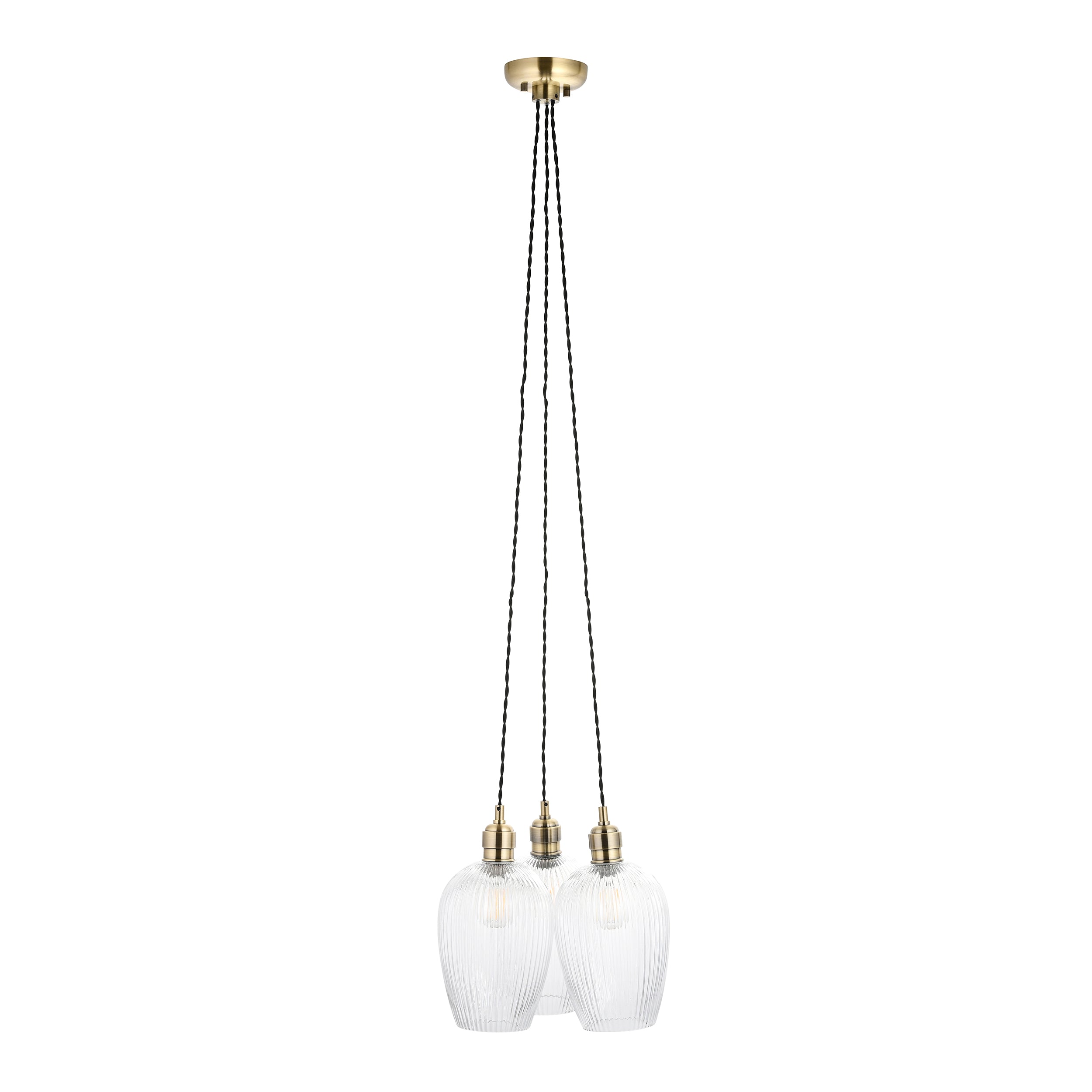 Utopia Finesse 3 Light Cluster Ceiling Pendant - Antique Brass & Clear Ribbed Glass
