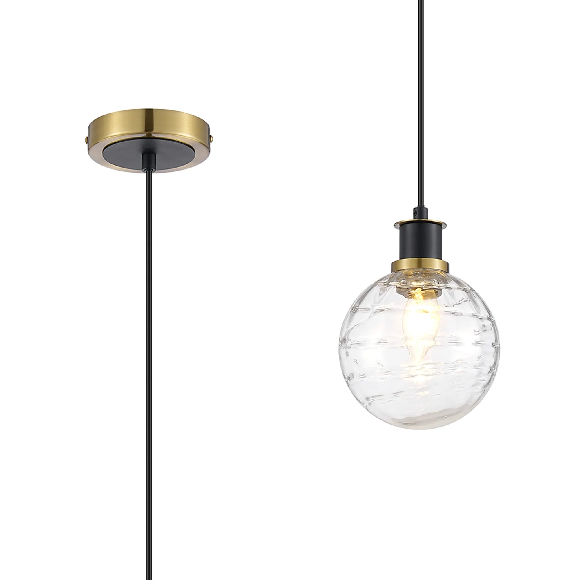 Sycamore Pendant with 15cm Round Textured Melting Glass Shade - Brass, Clear & Satin Black