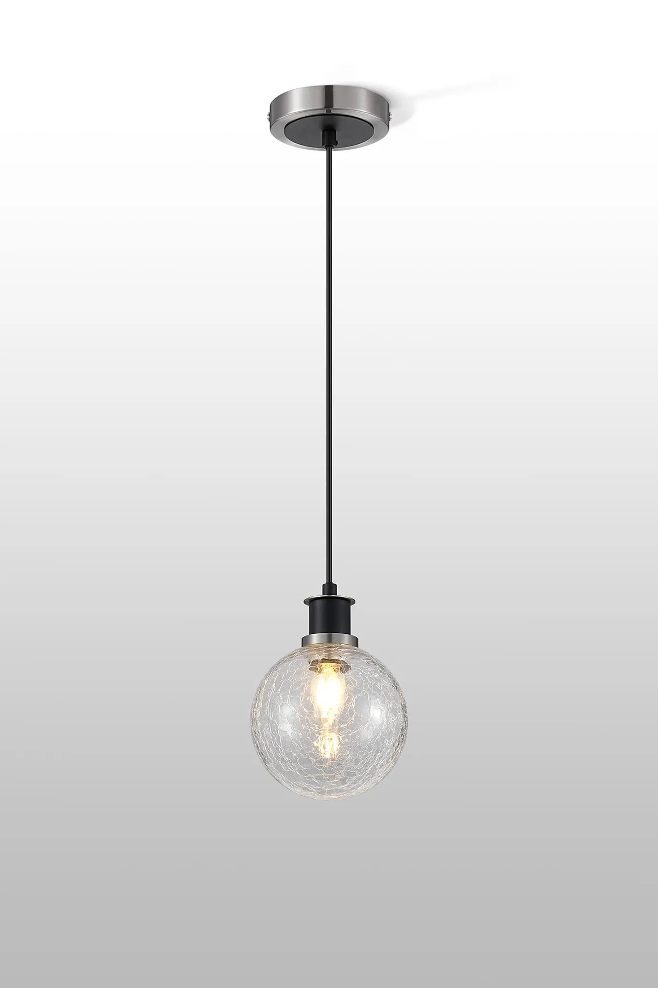 Sycamore Pendant with 15cm Round Crackled Glass Shade - Satin Nickel, Clear & Satin Black