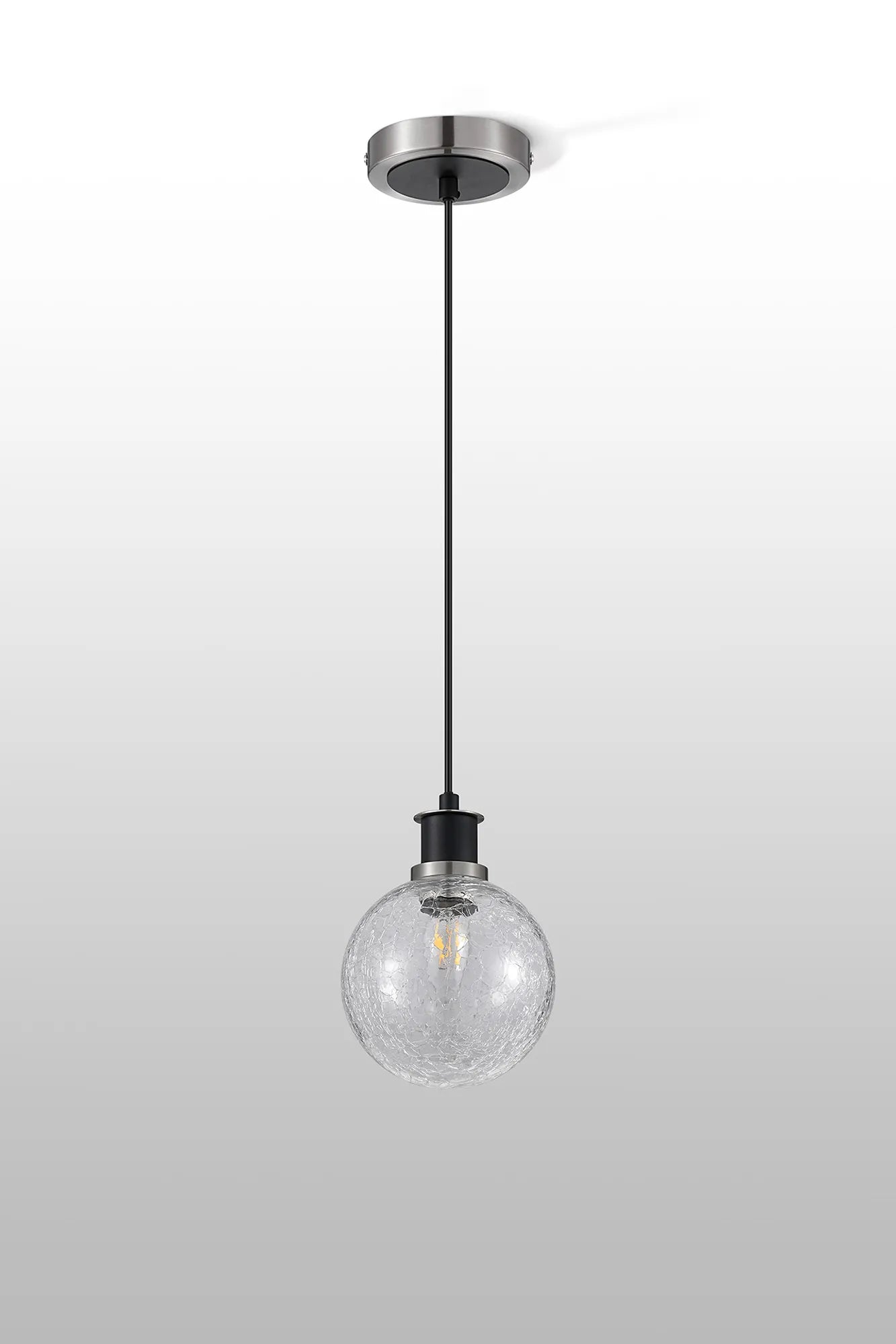 Sycamore Pendant with 15cm Round Crackled Glass Shade - Satin Nickel, Clear & Satin Black