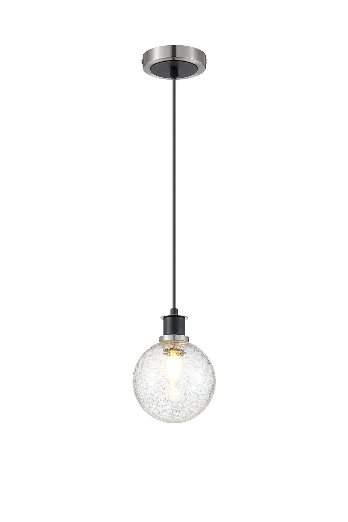 Sycamore Pendant with 15cm Round Crackled Glass Shade - Satin Nickel, Clear & Satin Black