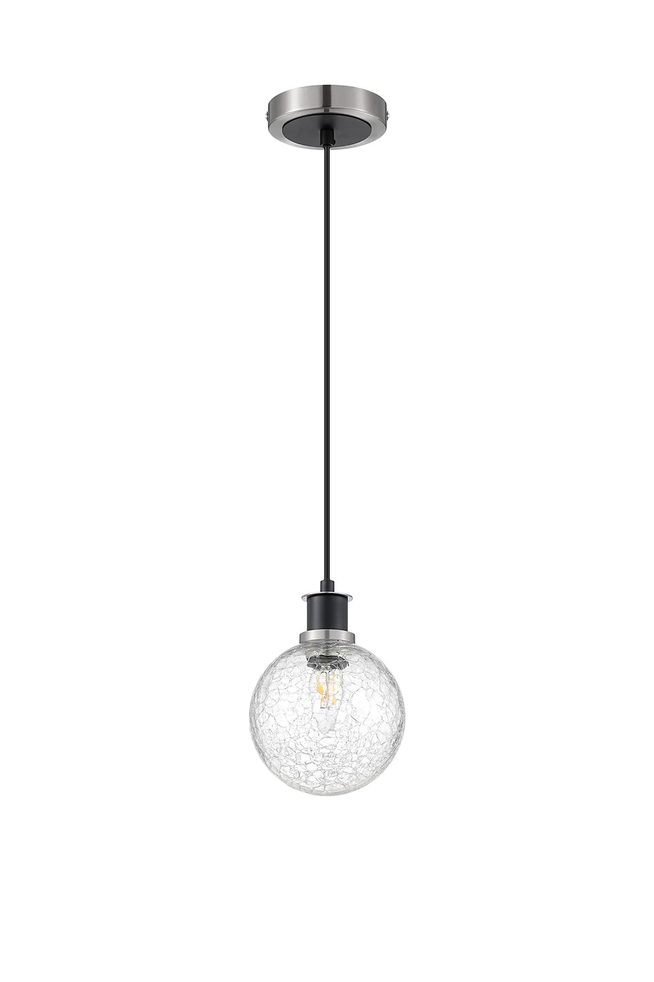 Sycamore Pendant with 15cm Round Crackled Glass Shade - Satin Nickel, Clear & Satin Black