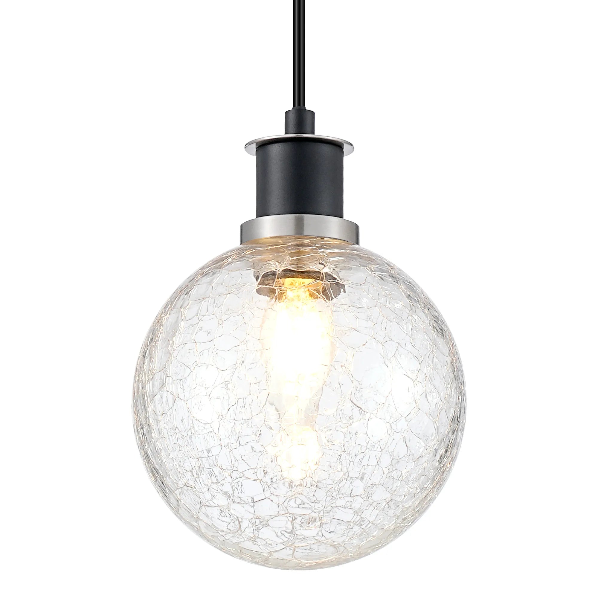 Sycamore Pendant with 15cm Round Crackled Glass Shade - Satin Nickel, Clear & Satin Black