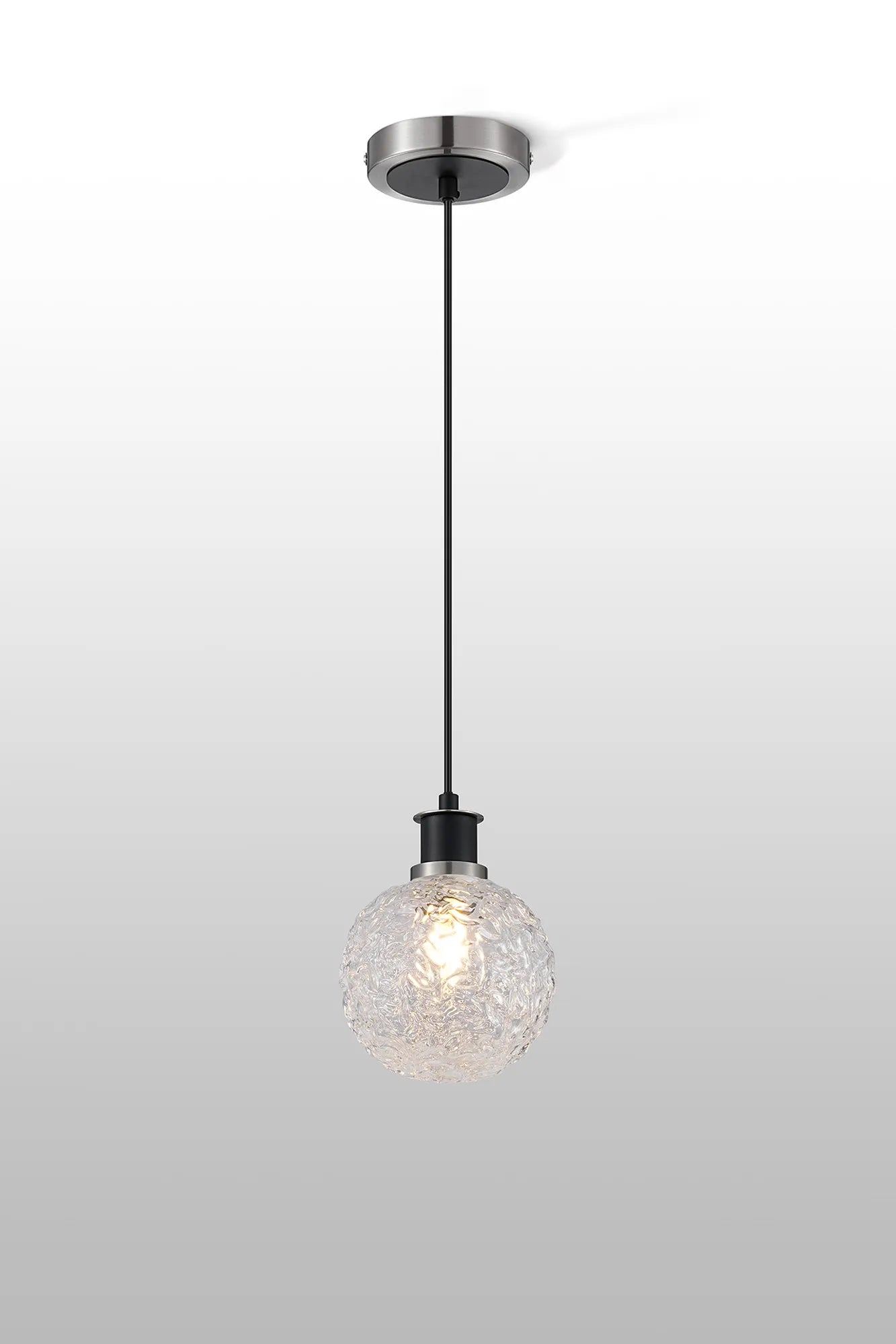 Sycamore Pendant with 15cm Round Textured Crumple Glass Shade - Satin Nickel, Clear & Satin Black