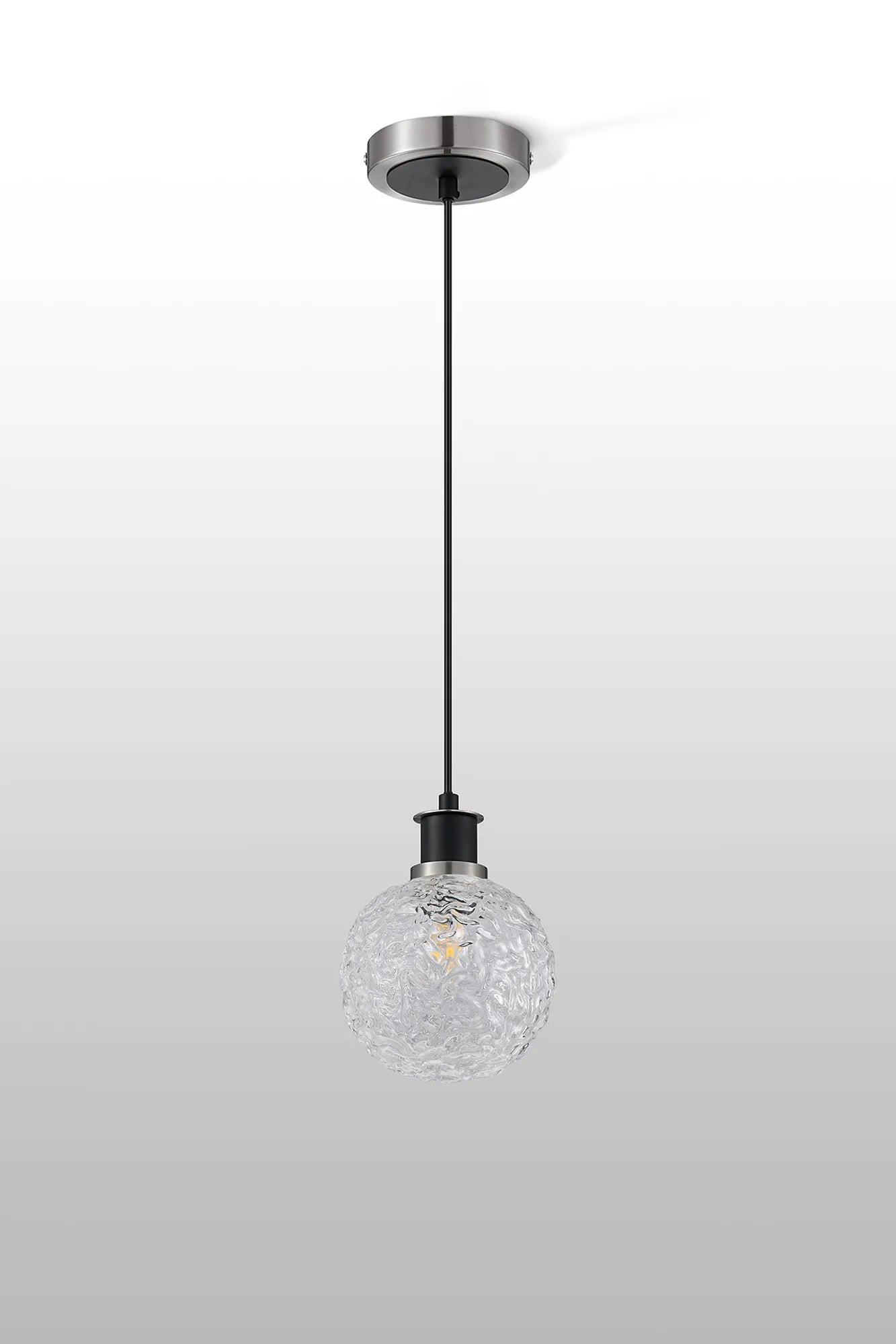 Sycamore Pendant with 15cm Round Textured Crumple Glass Shade - Satin Nickel, Clear & Satin Black