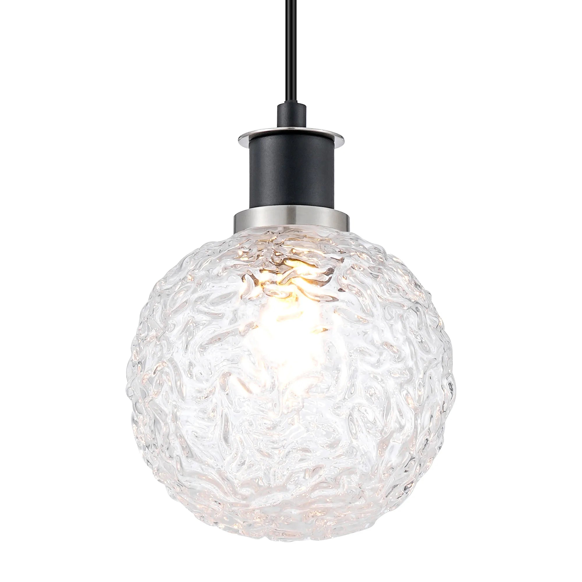 Sycamore Pendant with 15cm Round Textured Crumple Glass Shade - Satin Nickel, Clear & Satin Black