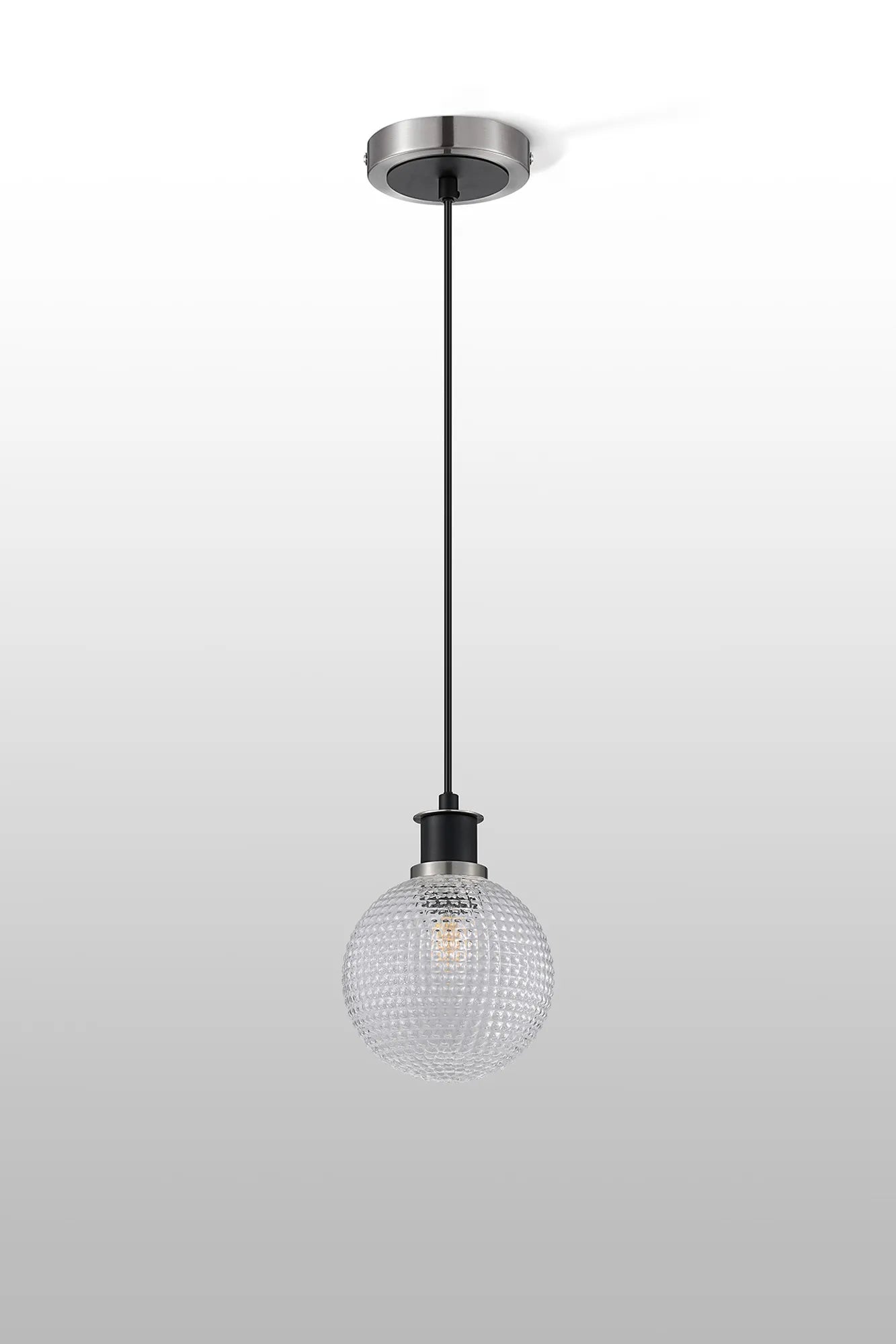 Sycamore Pendant with 15cm Round Textured Diamond Pattern Glass Shade - Satin Nickel, Clear & Satin Black