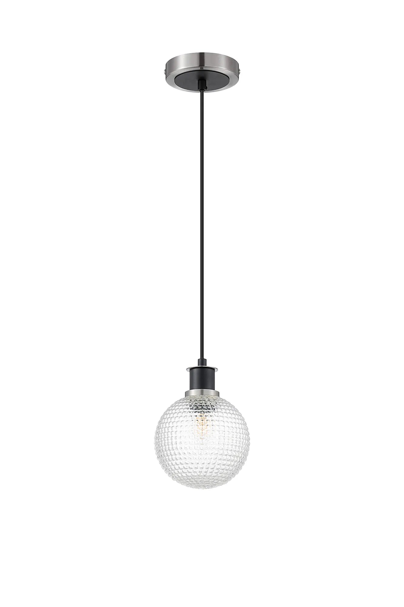 Sycamore Pendant with 15cm Round Textured Diamond Pattern Glass Shade - Satin Nickel, Clear & Satin Black