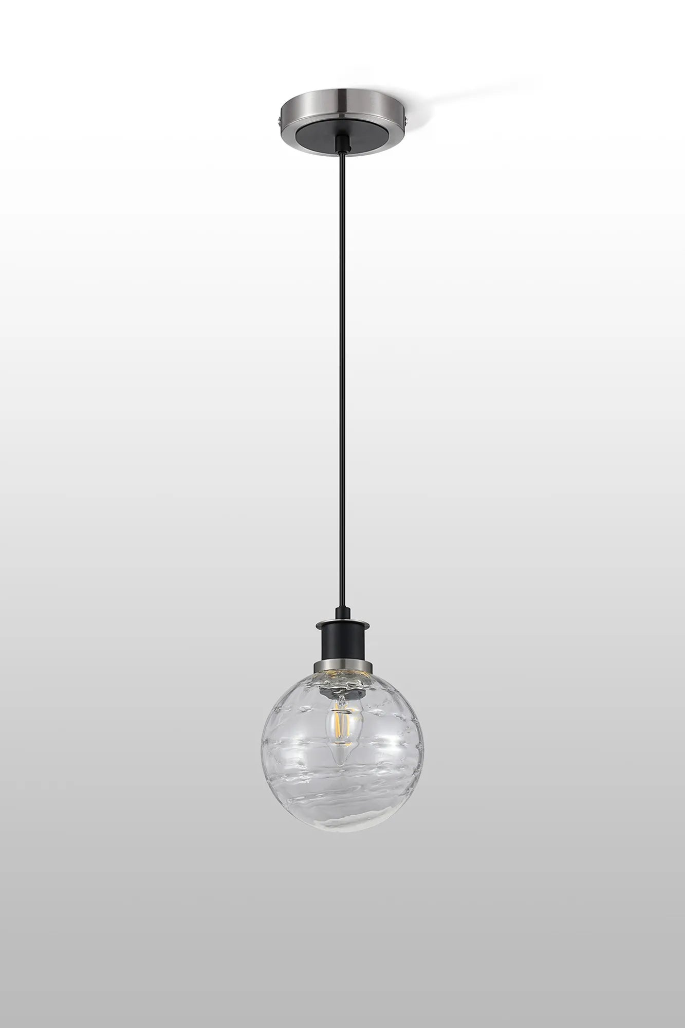 Sycamore Pendant with 15cm Round Textured Melting Glass Shade - Satin Nickel, Clear & Satin Black