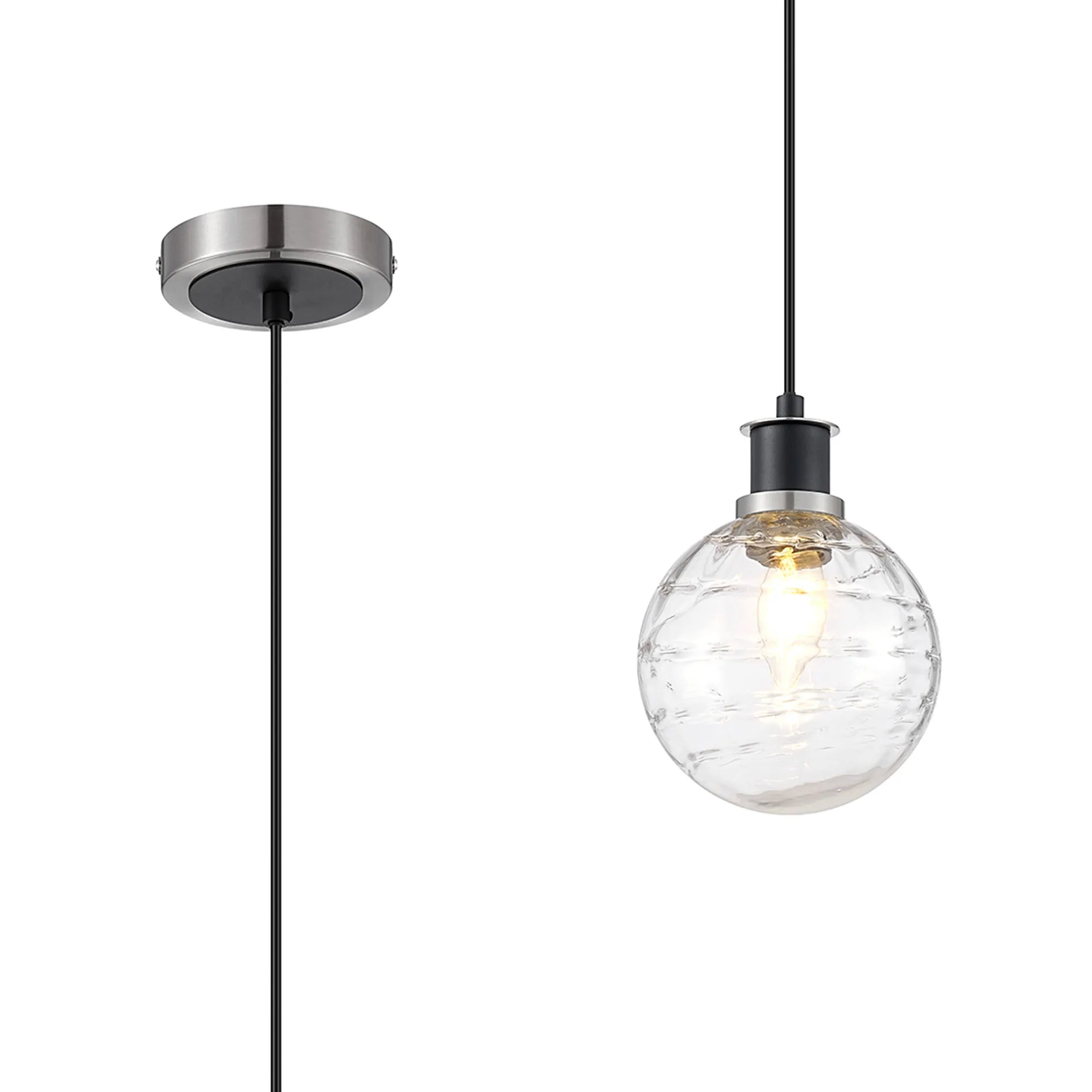 Sycamore Pendant with 15cm Round Textured Melting Glass Shade - Satin Nickel, Clear & Satin Black