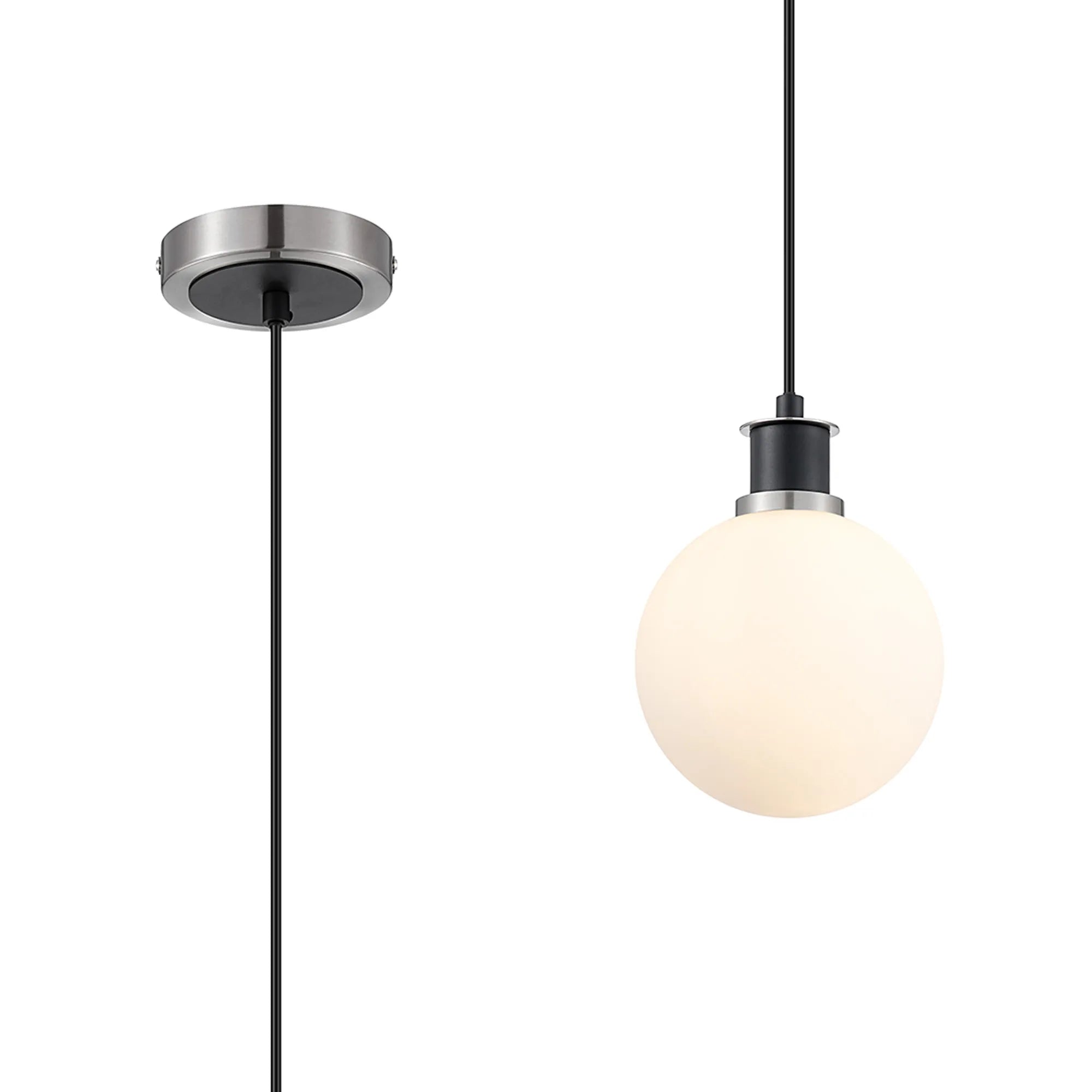 Sycamore Pendant with 15cm Round Glass Shade - Satin Nickel, Opal & Satin Black