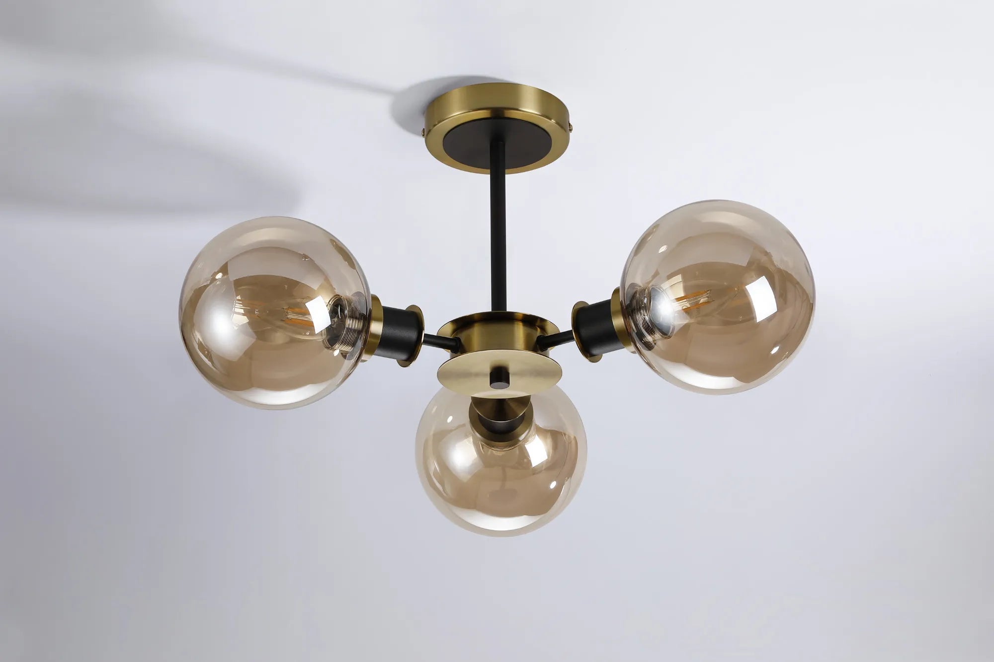Sycamore Semi Ceiliing 3 Light with 15cm Round Glass Shade - Brass, Amber Plated & Satin Black