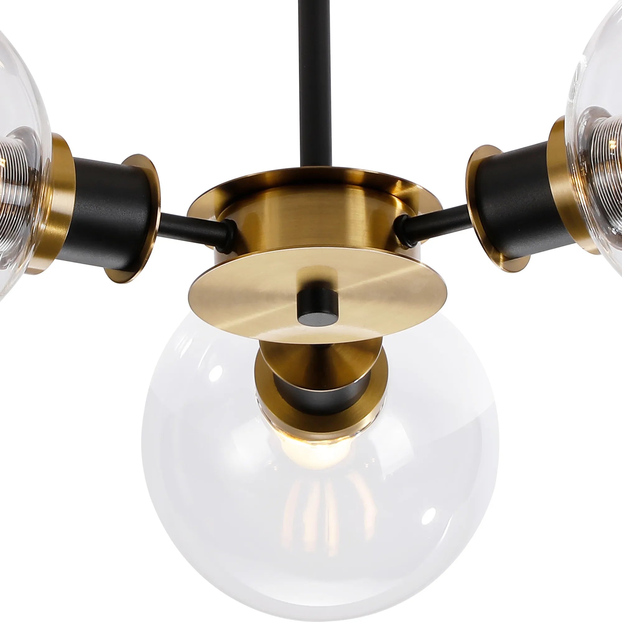 Sycamore Semi Ceiliing 3 Light with 15cm Round Glass Shade - Brass, Clear & Satin Black