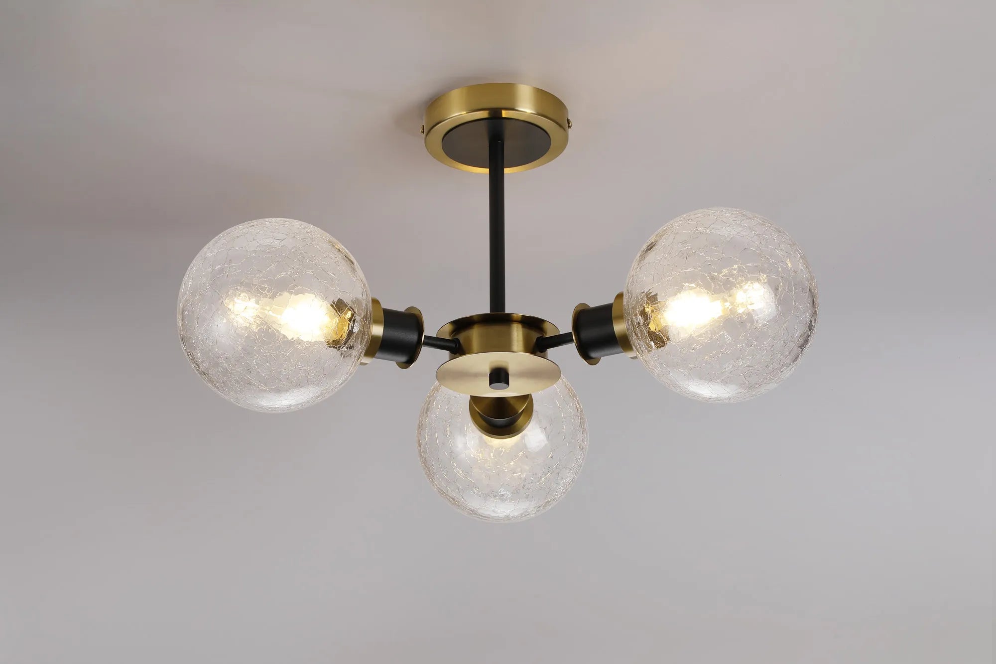 Sycamore Semi Ceiliing 3 Light with 15cm Round Crackled Glass Shade - Brass, Clear & Satin Black