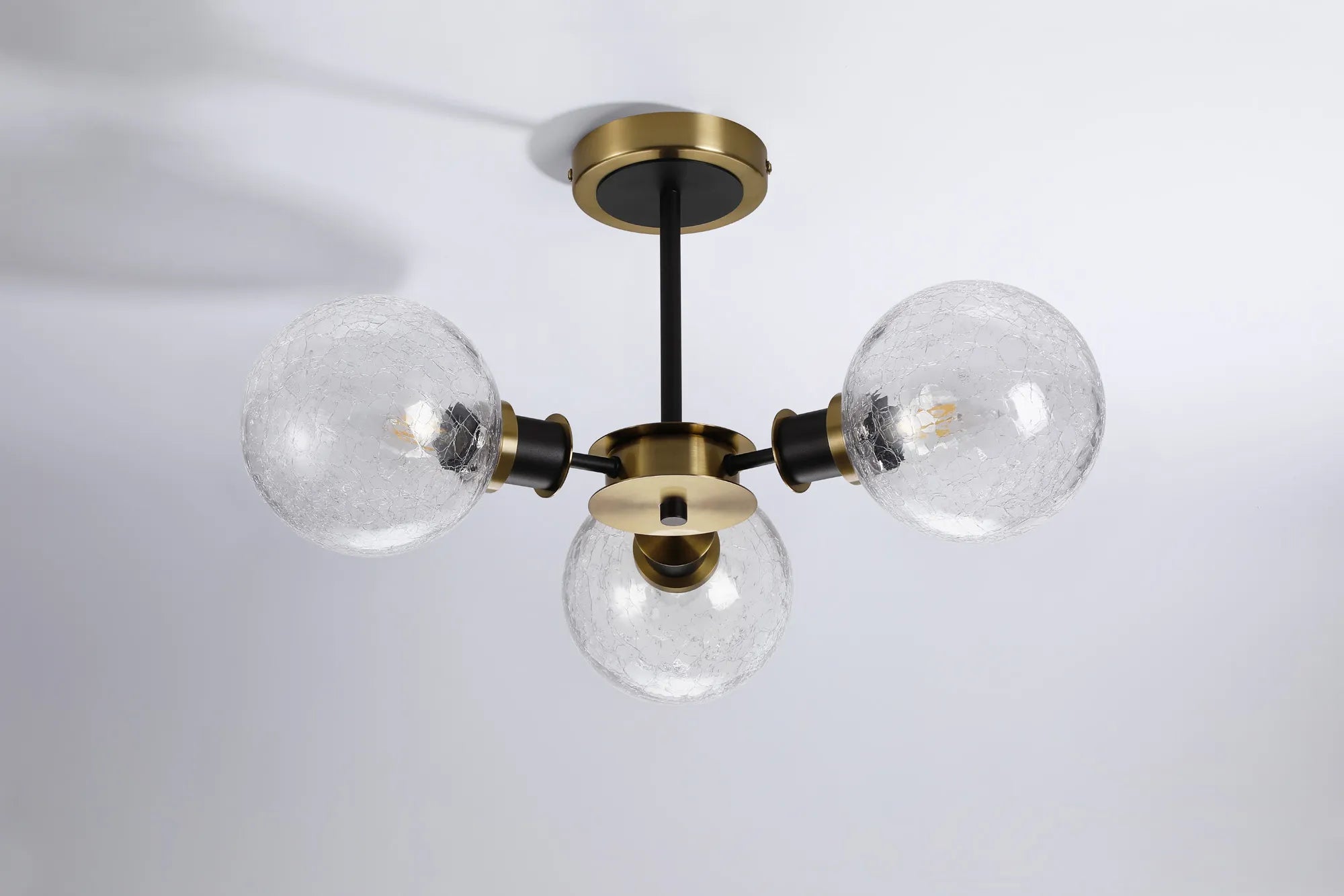 Sycamore Semi Ceiliing 3 Light with 15cm Round Crackled Glass Shade - Brass, Clear & Satin Black