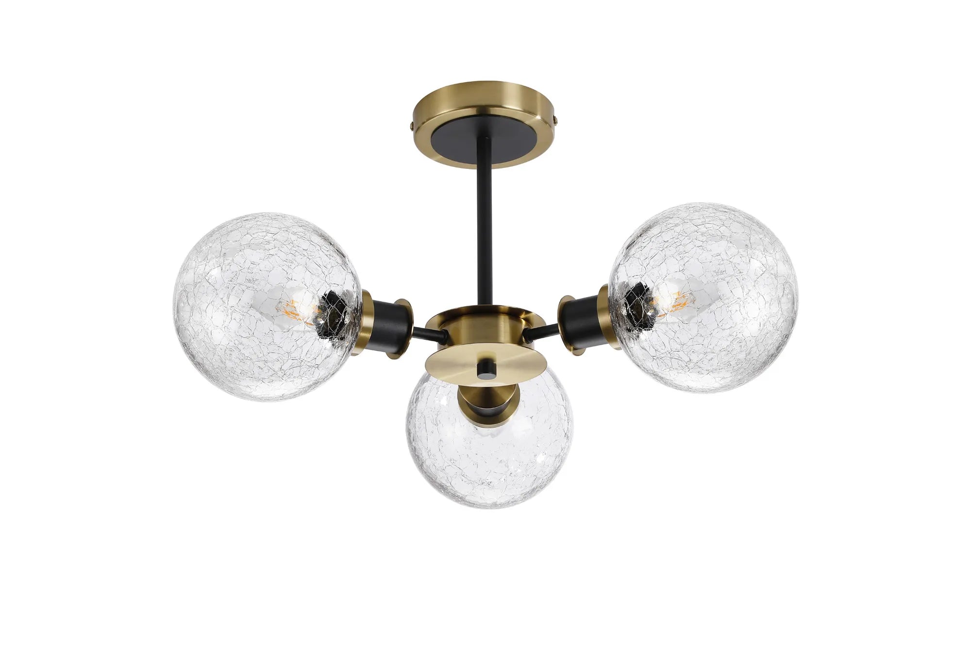 Sycamore Semi Ceiliing 3 Light with 15cm Round Crackled Glass Shade - Brass, Clear & Satin Black
