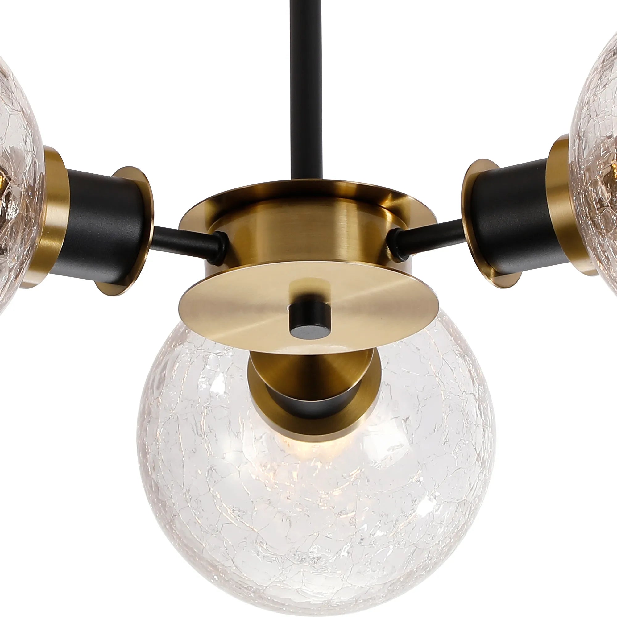Sycamore Semi Ceiliing 3 Light with 15cm Round Crackled Glass Shade - Brass, Clear & Satin Black
