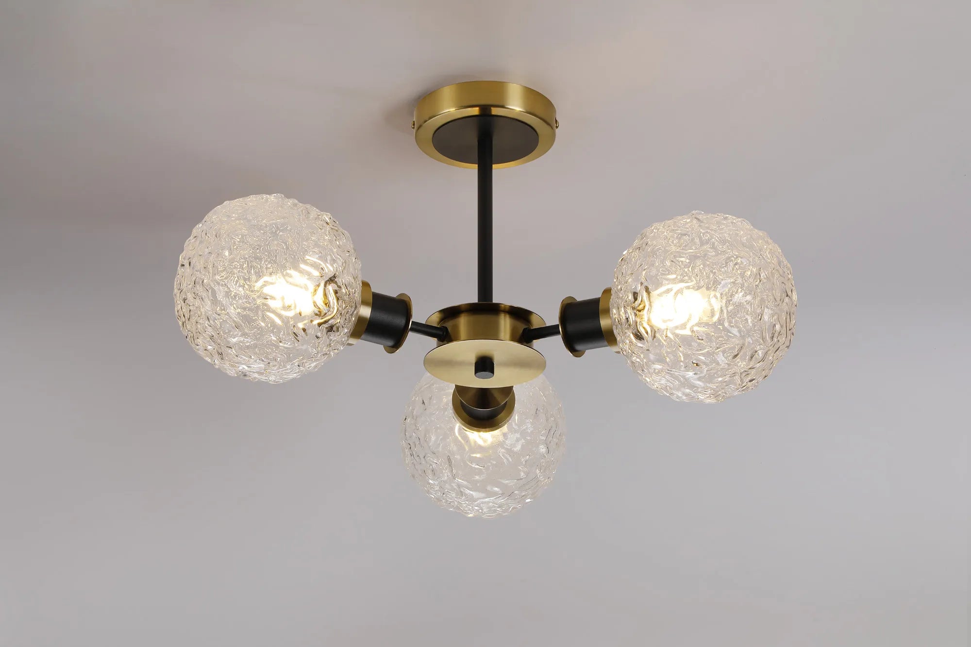 Sycamore Semi Ceiliing 3 Light with 15cm Round Textured Crumple Glass Shade - Brass, Clear & Satin Black