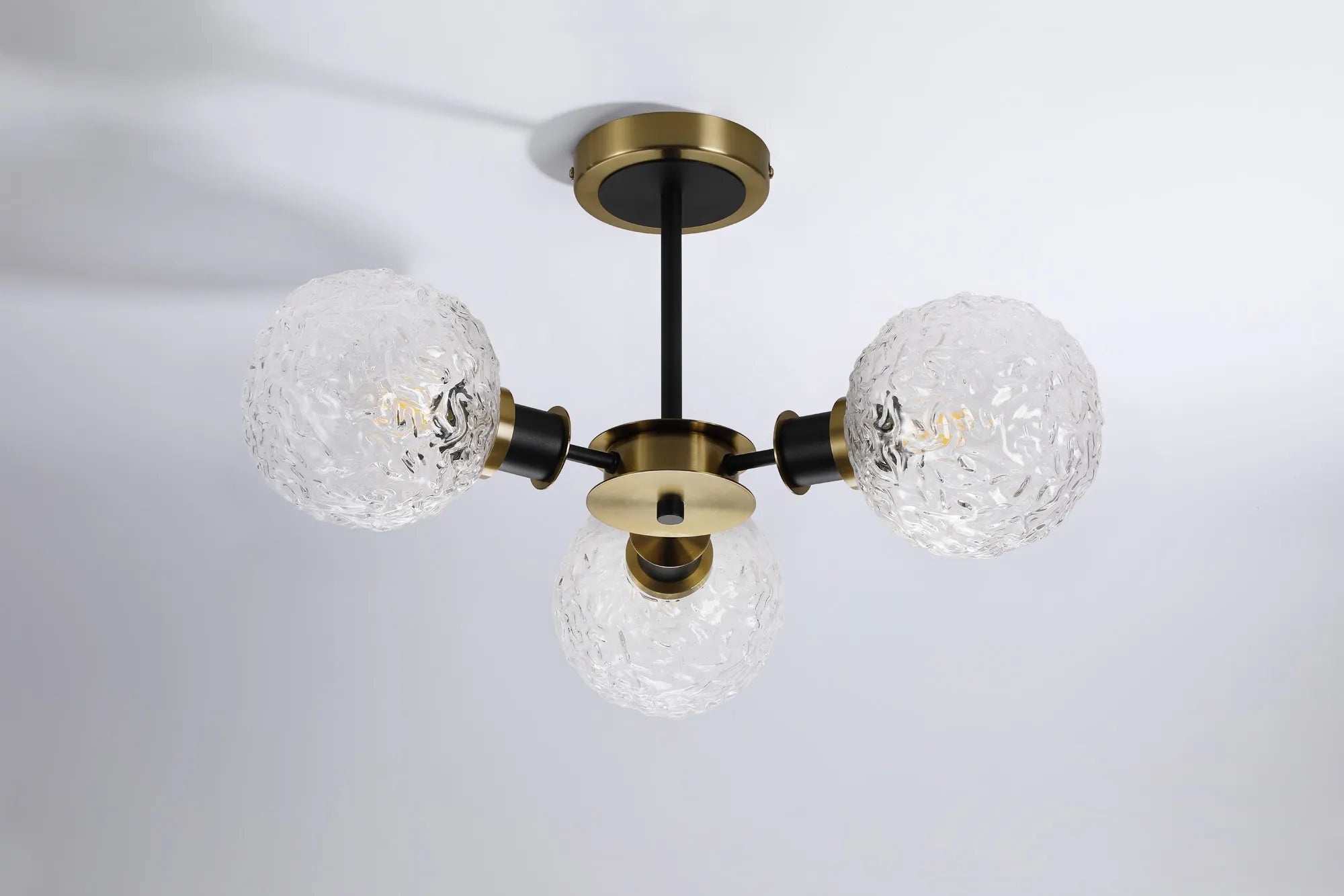 Sycamore Semi Ceiliing 3 Light with 15cm Round Textured Crumple Glass Shade - Brass, Clear & Satin Black