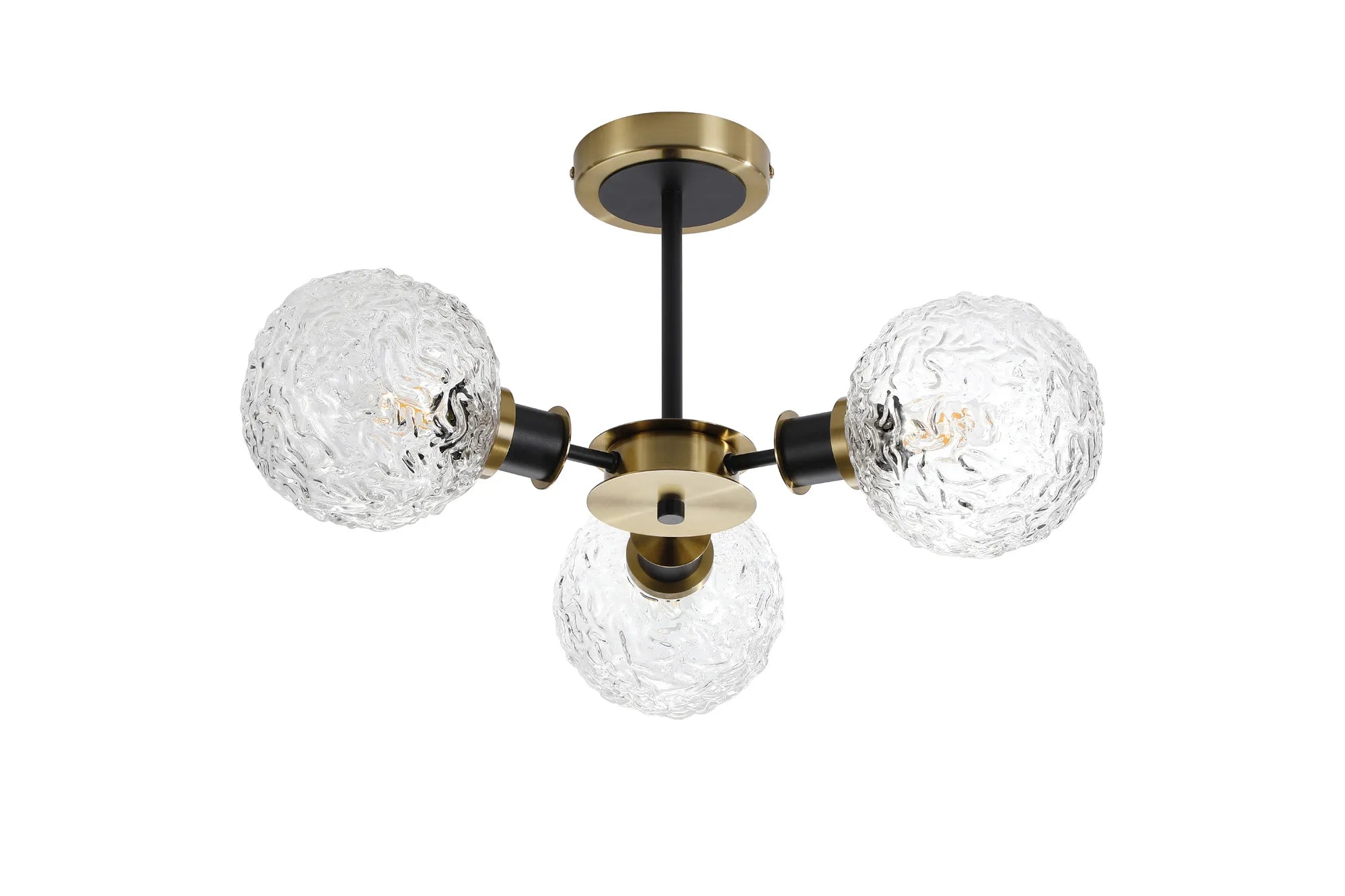 Sycamore Semi Ceiliing 3 Light with 15cm Round Textured Crumple Glass Shade - Brass, Clear & Satin Black