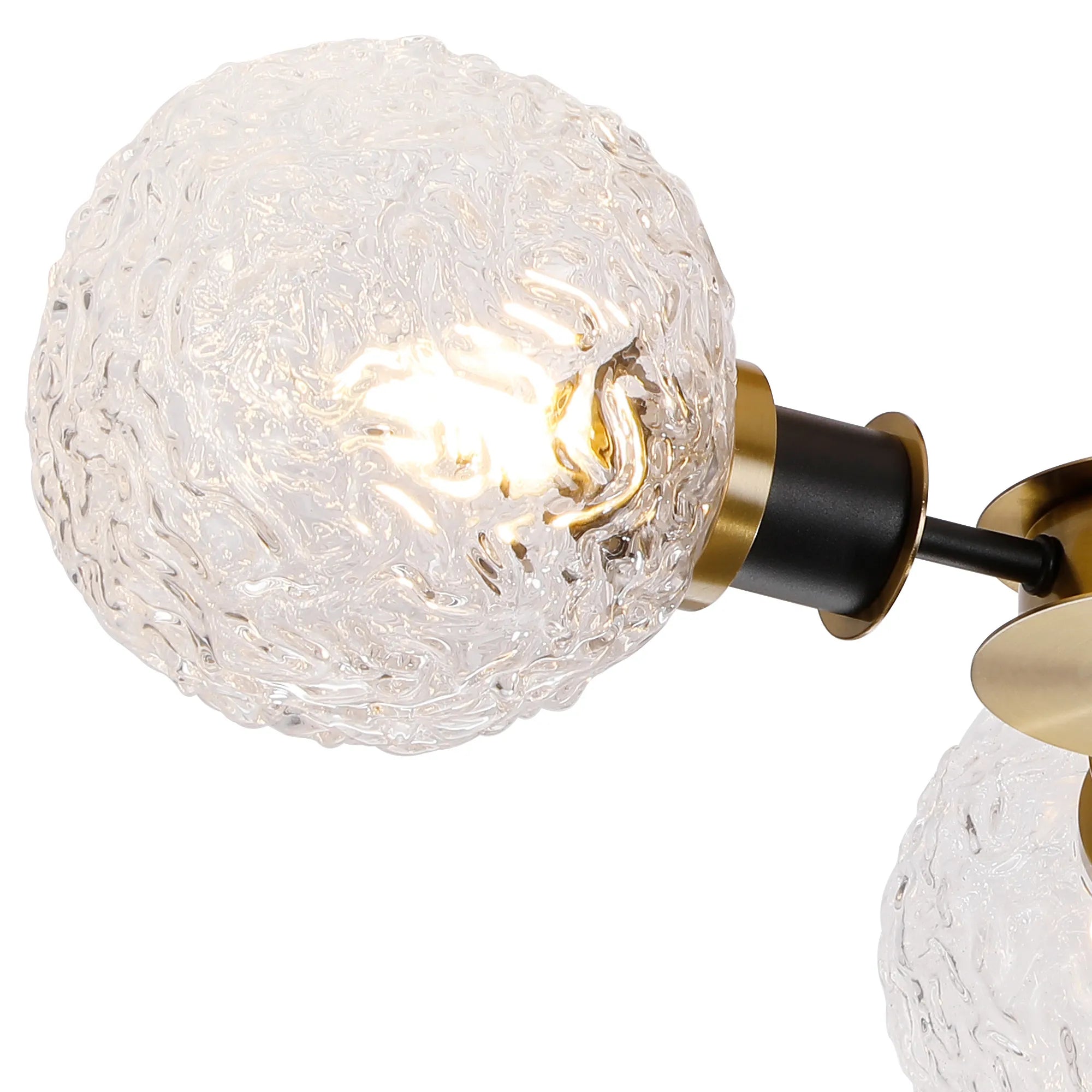 Sycamore Semi Ceiliing 3 Light with 15cm Round Textured Crumple Glass Shade - Brass, Clear & Satin Black