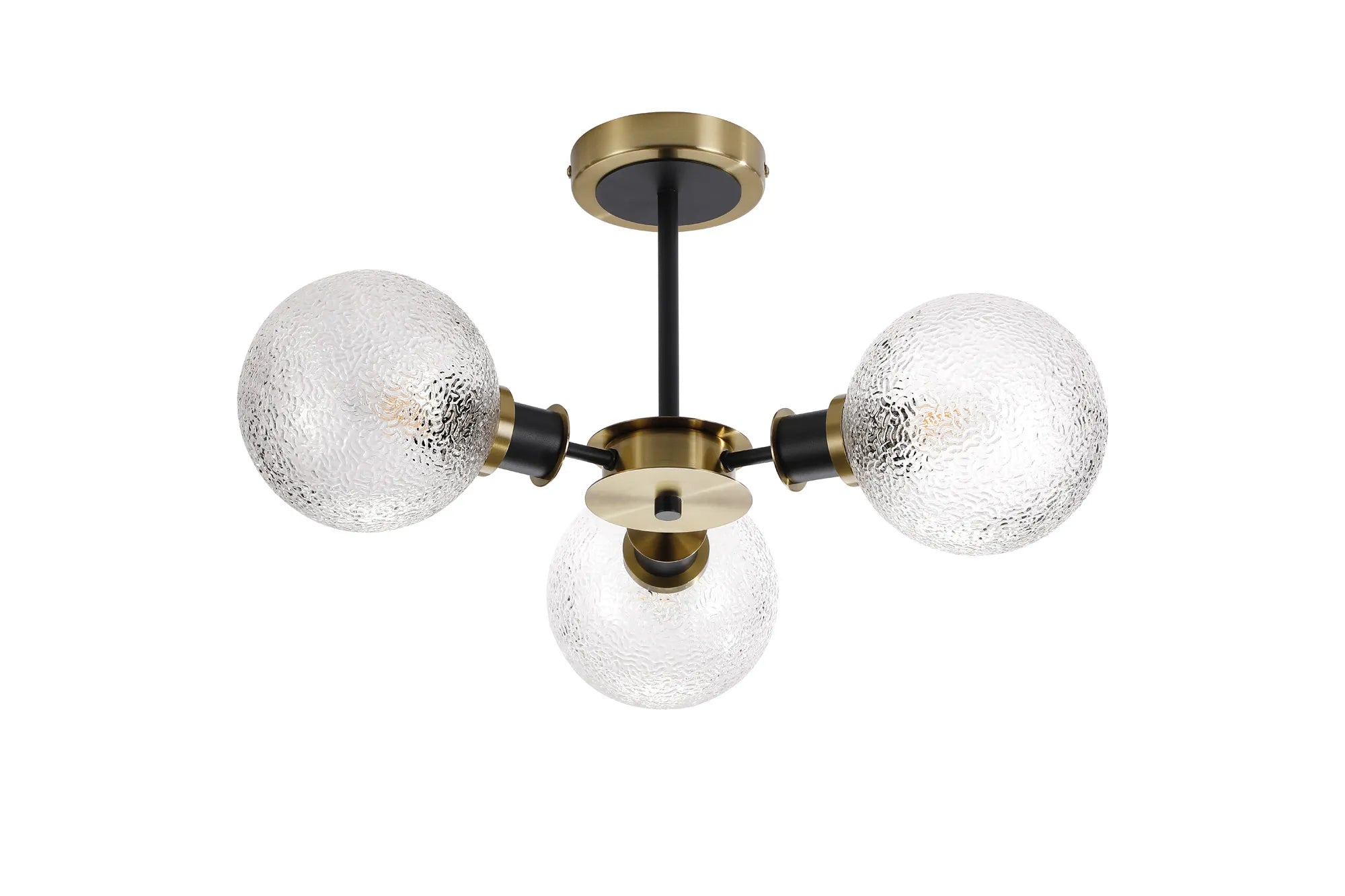 Sycamore Semi Ceiliing 3 Light with 15cm Round Dimpled Glass Shade - Brass, Clear & Satin Black