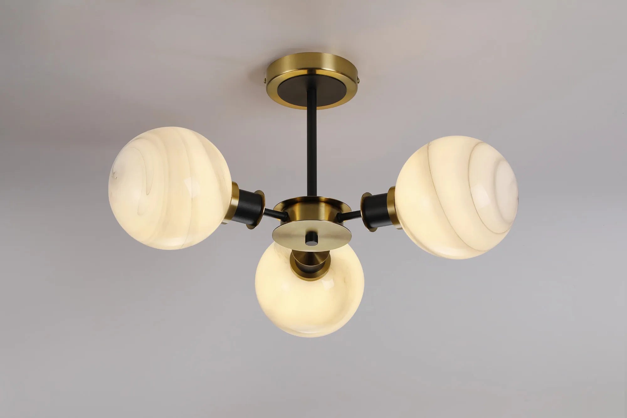 Sycamore Semi Ceiliing 3 Light with 15cm Round Marble Effect Glass Shade - Brass, White & Satin Black