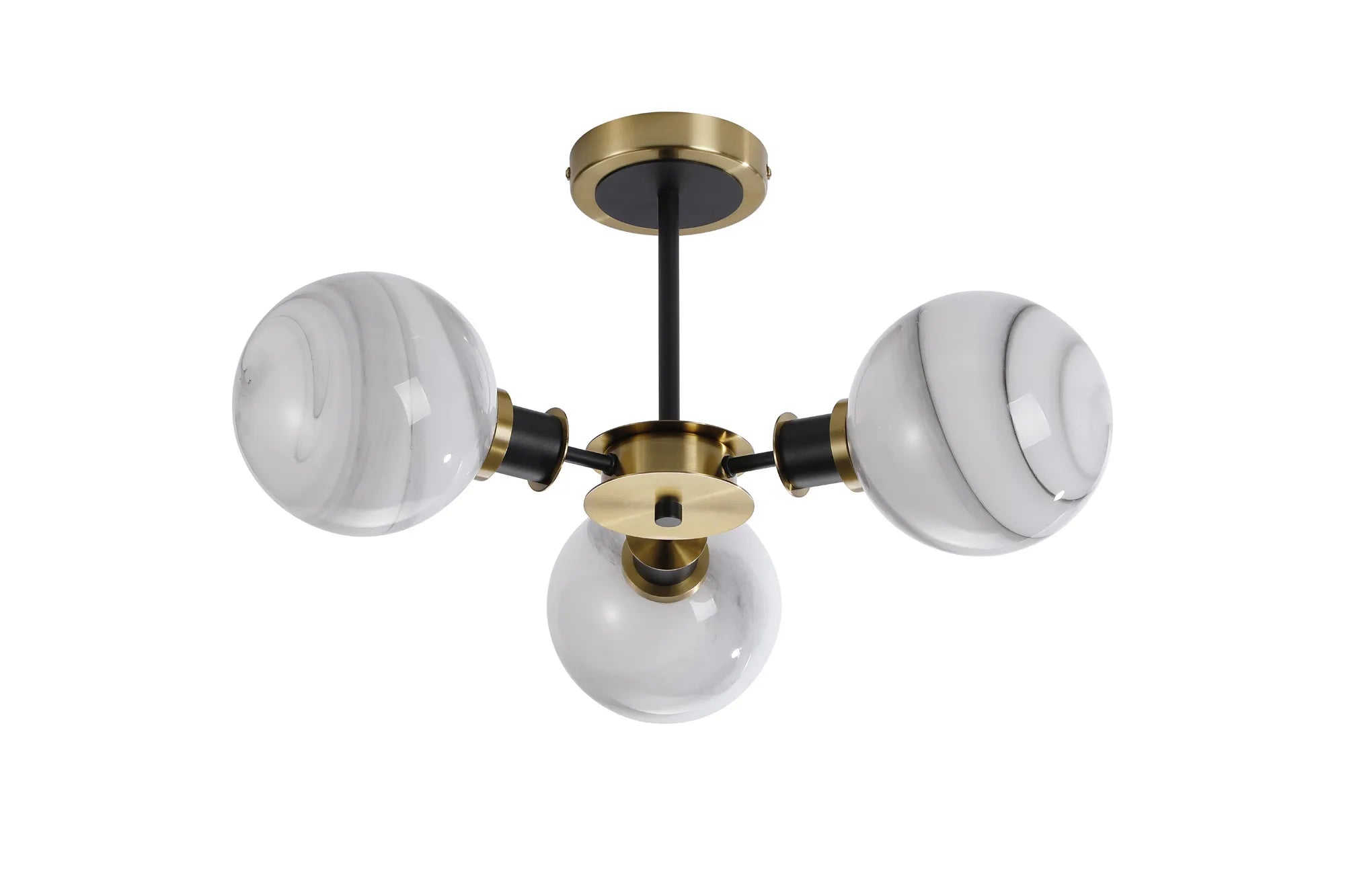 Sycamore Semi Ceiliing 3 Light with 15cm Round Marble Effect Glass Shade - Brass, White & Satin Black