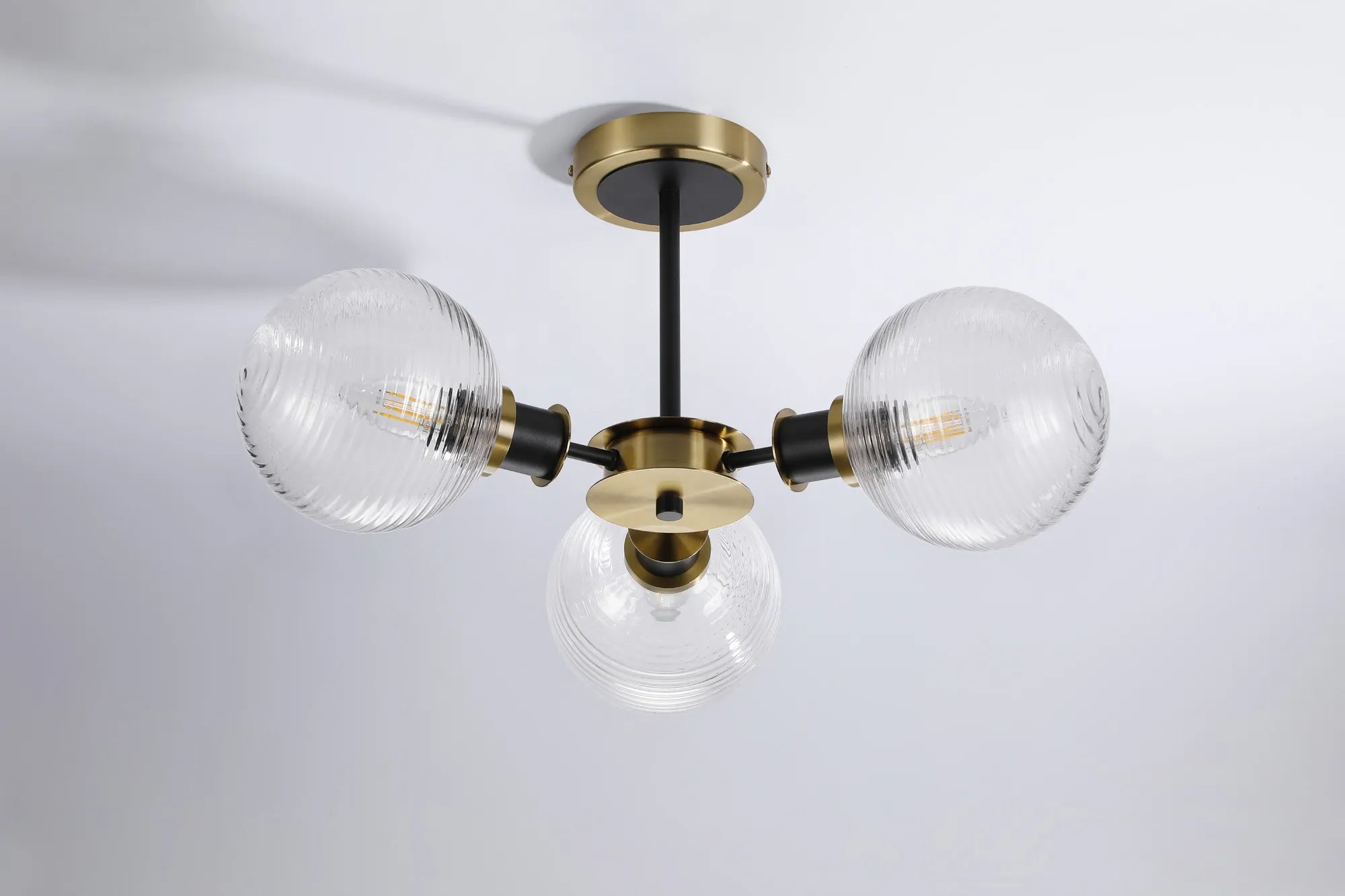 Sycamore Semi Ceiliing 3 Light with 15cm Round Ribbed Glass Shade - Brass, Clear & Satin Black