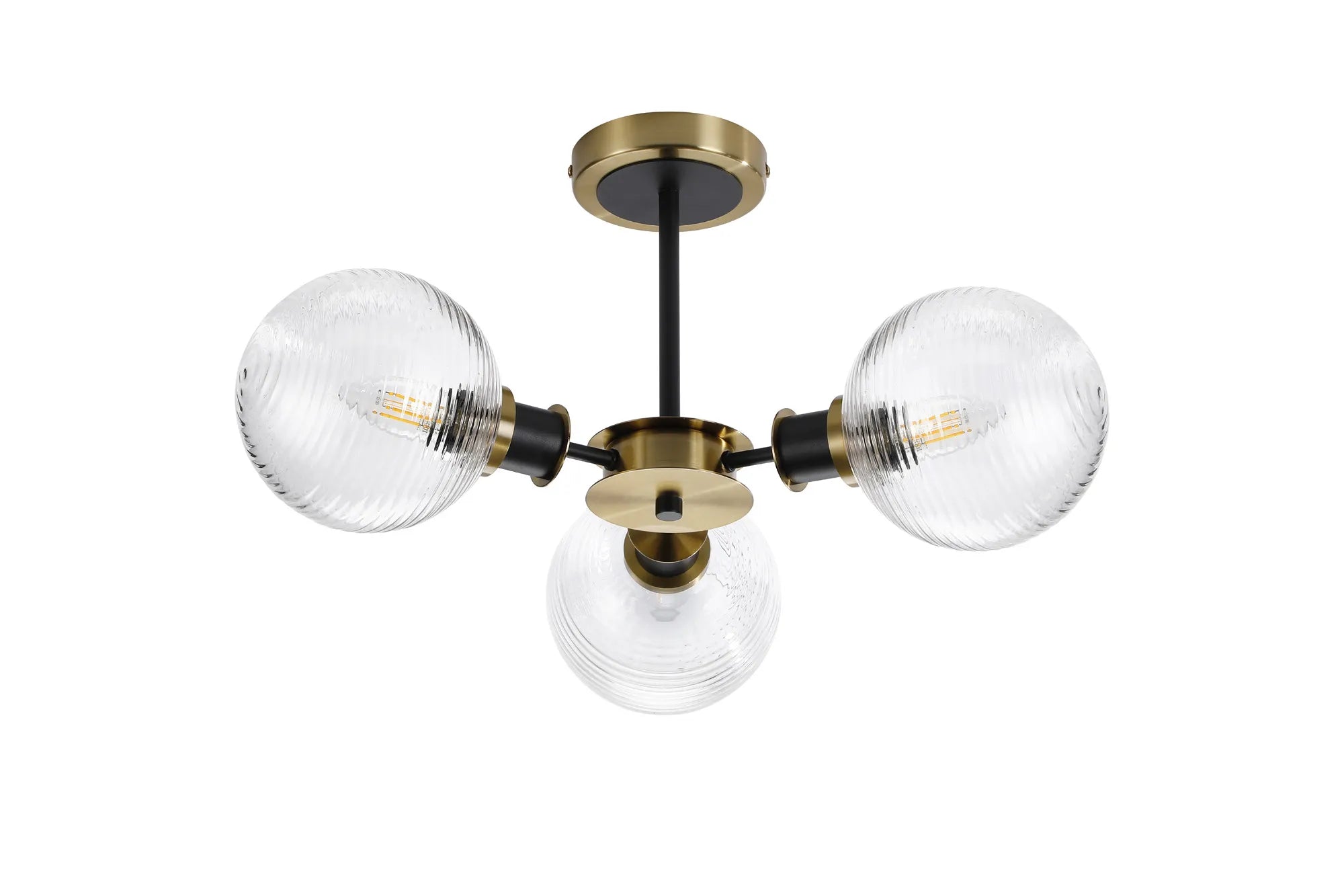 Sycamore Semi Ceiliing 3 Light with 15cm Round Ribbed Glass Shade - Brass, Clear & Satin Black