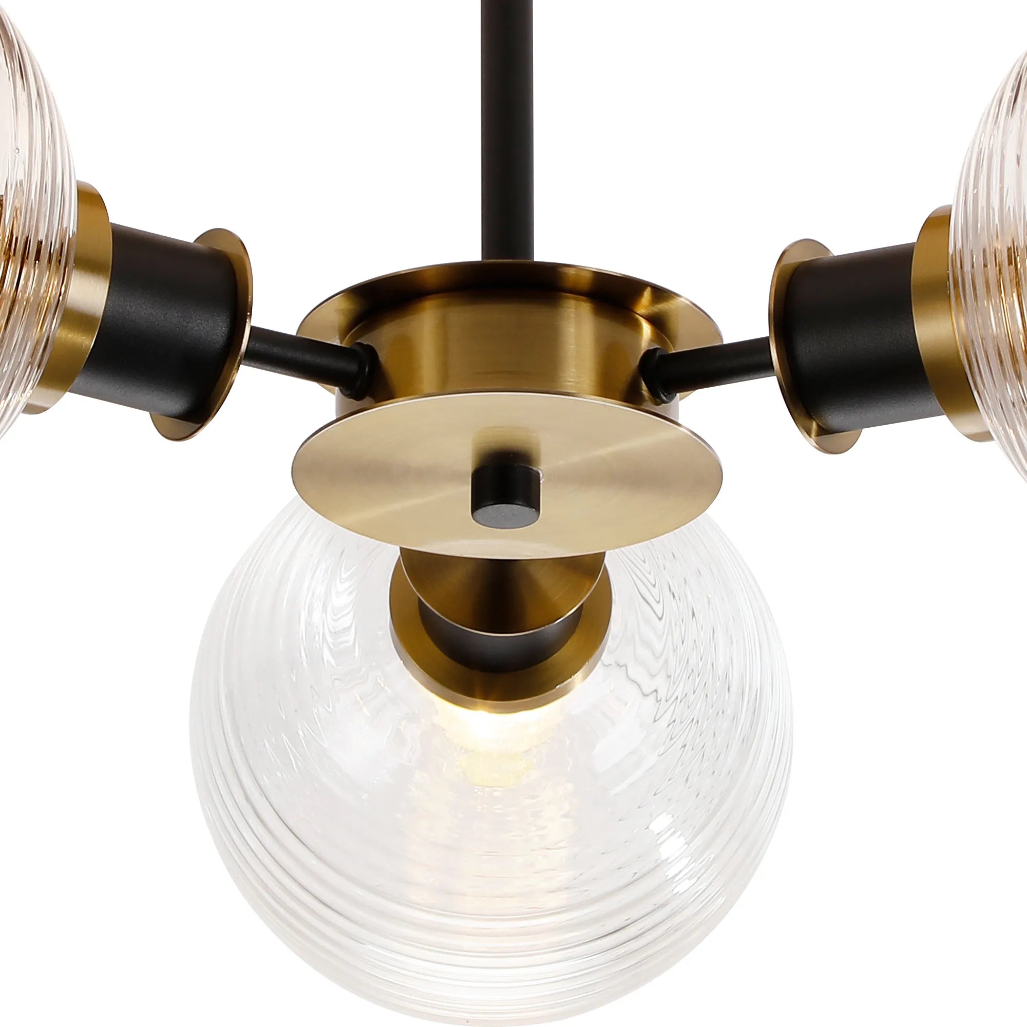 Sycamore Semi Ceiliing 3 Light with 15cm Round Ribbed Glass Shade - Brass, Clear & Satin Black