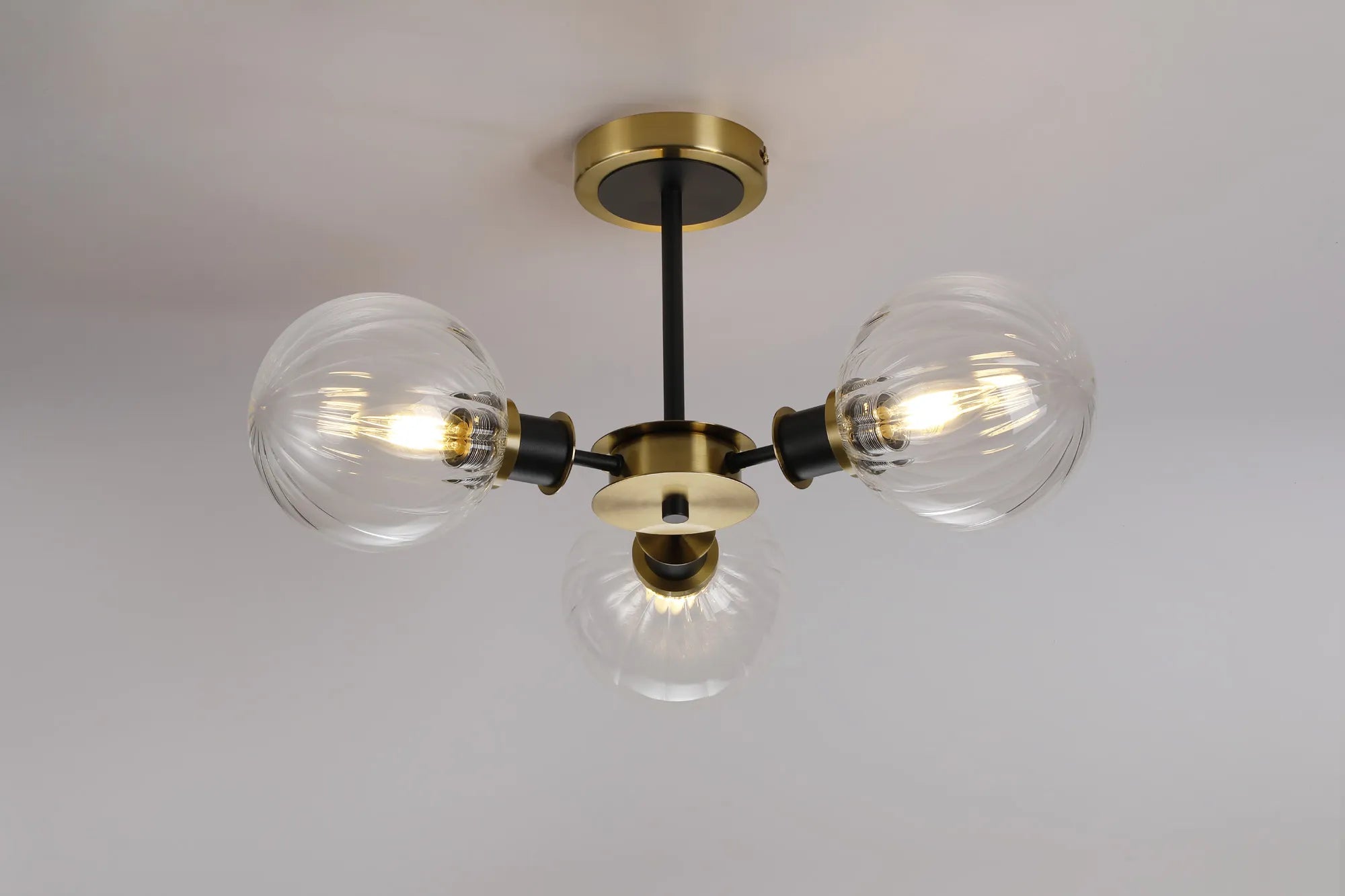 Sycamore Semi Ceiliing 3 Light with 15cm Round Segment Glass Shade - Brass, Clear & Satin Black