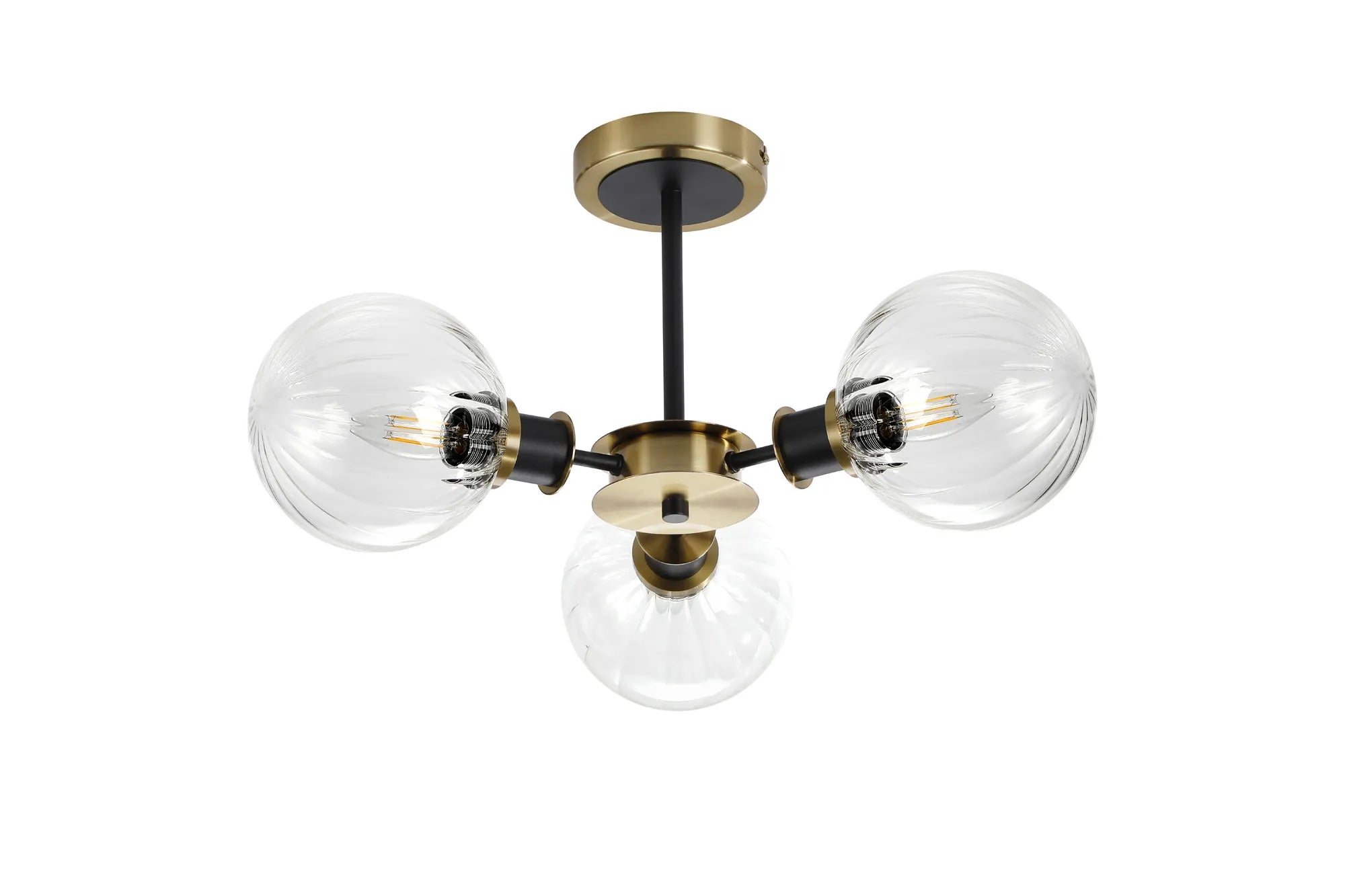 Sycamore Semi Ceiliing 3 Light with 15cm Round Segment Glass Shade - Brass, Clear & Satin Black