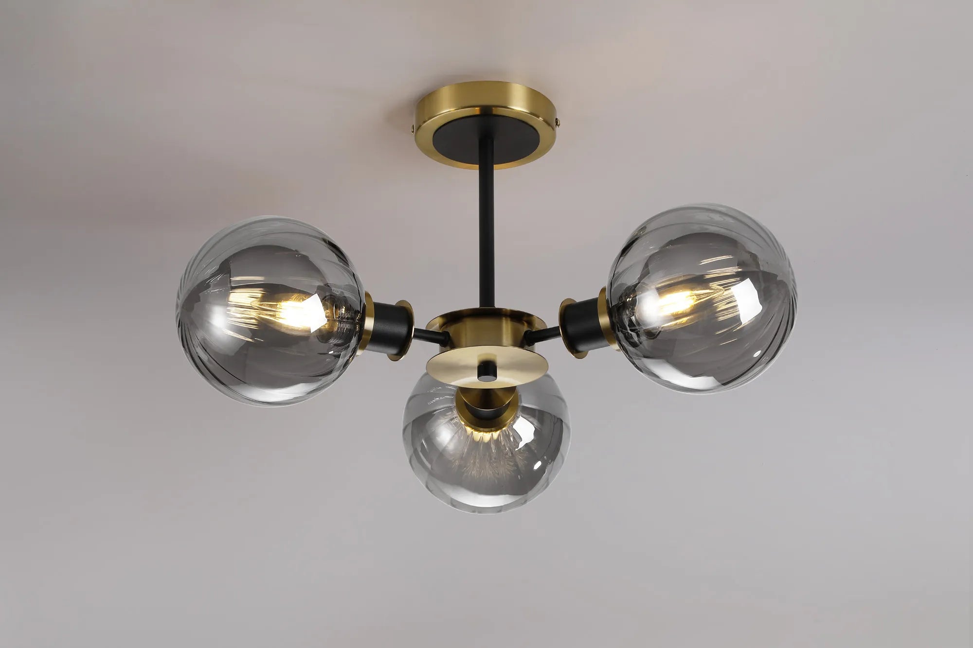 Sycamore Semi Ceiliing 3 Light with 15cm Round Segment Glass Shade - Brass, Smoke Plated & Satin Black