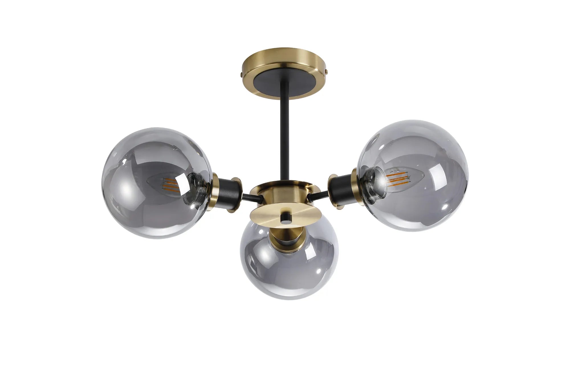 Sycamore Semi Ceiliing 3 Light with 15cm Round Glass Shade - Brass, Smoke Plated & Satin Black