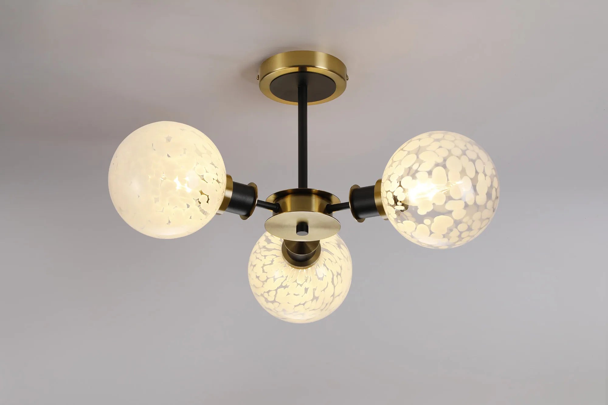 Sycamore Semi Ceiliing 3 Light with 15cm Round Speckled Glass Shade - Brass, White & Satin Black