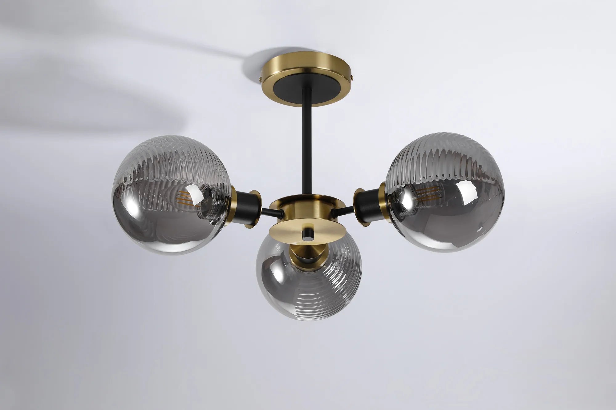 Sycamore Semi Ceiliing 3 Light with 15cm Round Double Textured Smooth & Ribbed Glass Shade - Brass, Smoke Plated & Satin Black