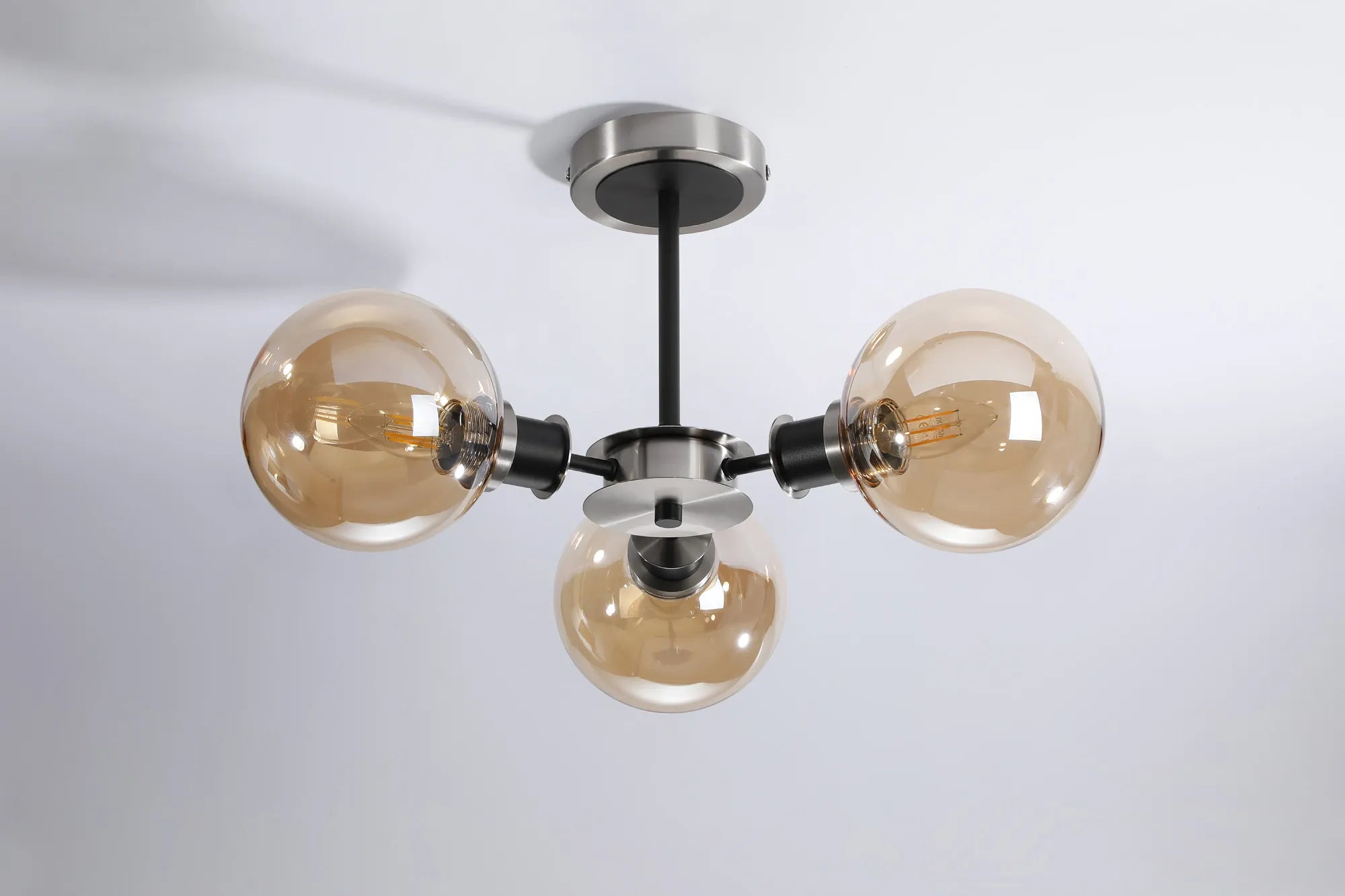Sycamore Semi Ceiliing 3 Light with 15cm Round Glass Shade - Satin Nickel, Amber Plated & Satin Black