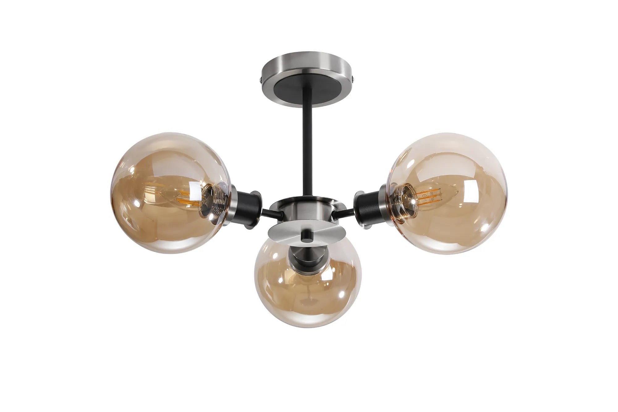 Sycamore Semi Ceiliing 3 Light with 15cm Round Glass Shade - Satin Nickel, Amber Plated & Satin Black