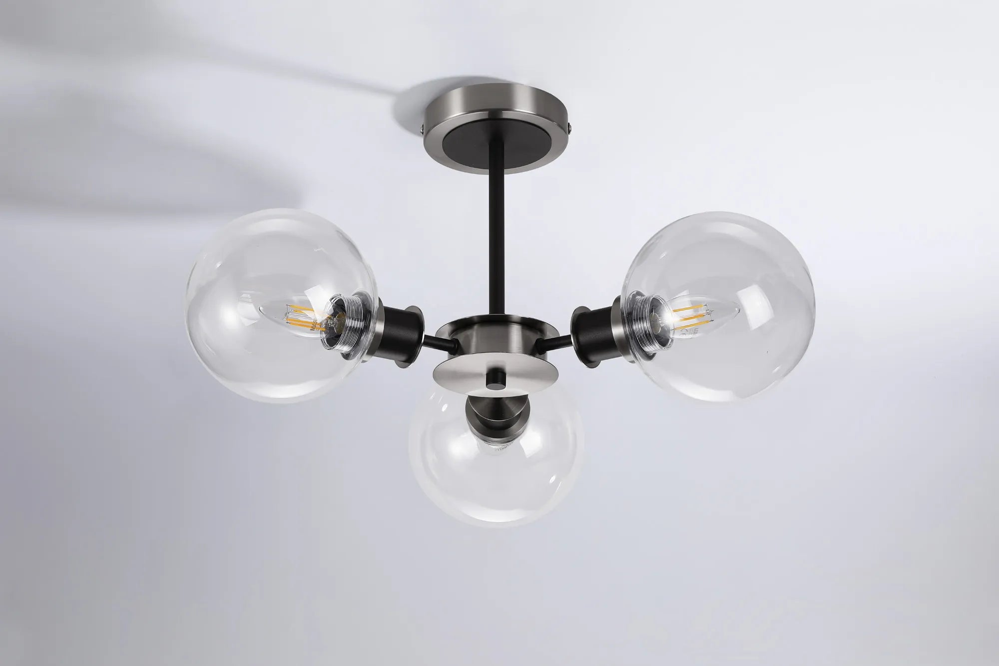 Sycamore Semi Ceiliing 3 Light with 15cm Round Glass Shade - Satin Nickel, Clear & Satin Black