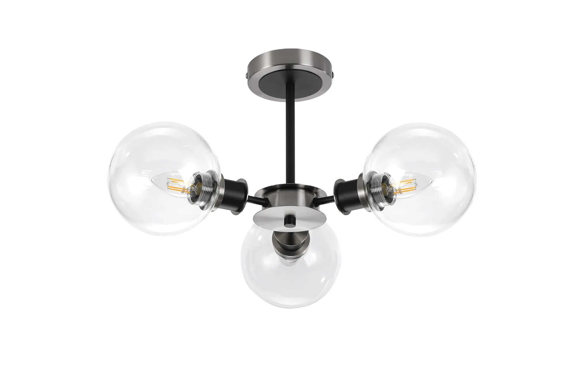 Sycamore Semi Ceiliing 3 Light with 15cm Round Glass Shade - Satin Nickel, Clear & Satin Black