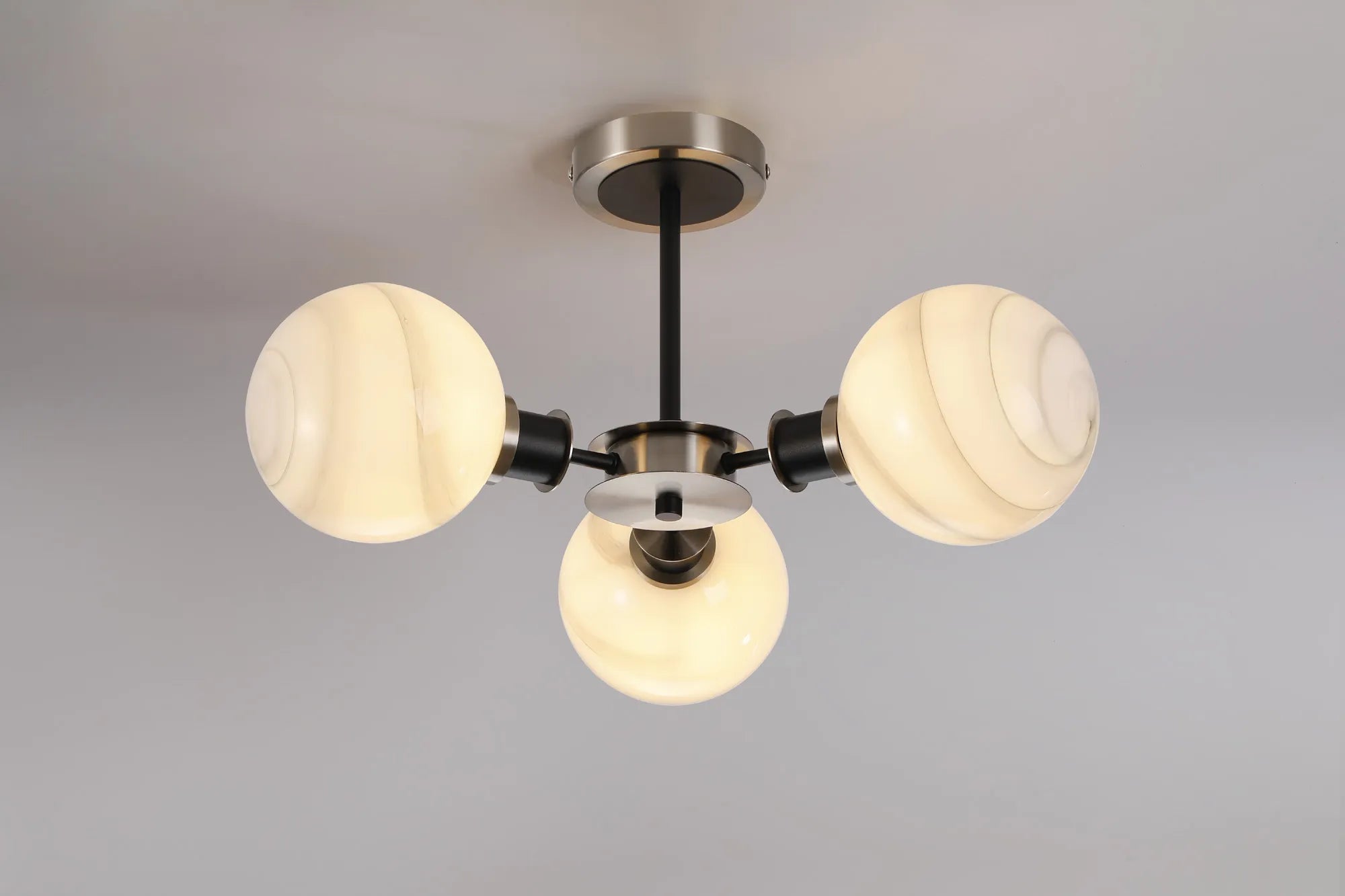 Sycamore Semi Ceiliing 3 Light with 15cm Round Marble Effect Glass Shade - Satin Nickel, White & Satin Black