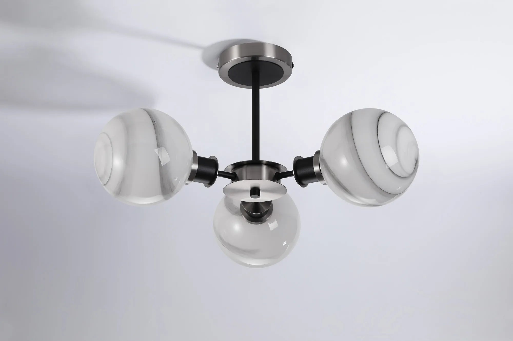Sycamore Semi Ceiliing 3 Light with 15cm Round Marble Effect Glass Shade - Satin Nickel, White & Satin Black